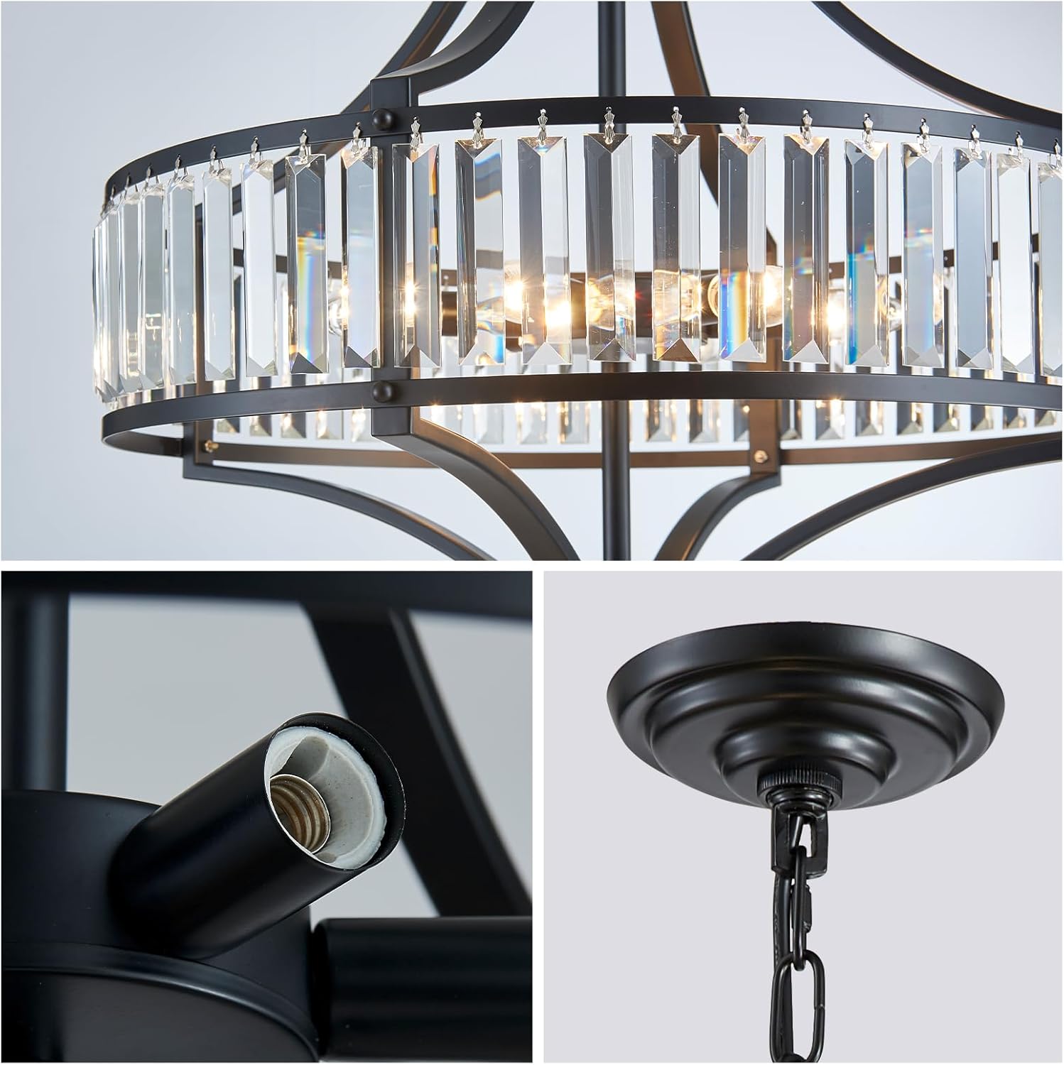 XINGQI Black Crystal Chandeliers for Dining Room, 21.6" Large Rustic Farmhouse Chandelier with Round Metal Shade, 6-Light Dining Room Light Fixture for Kitchen Island Hallway Bedroom