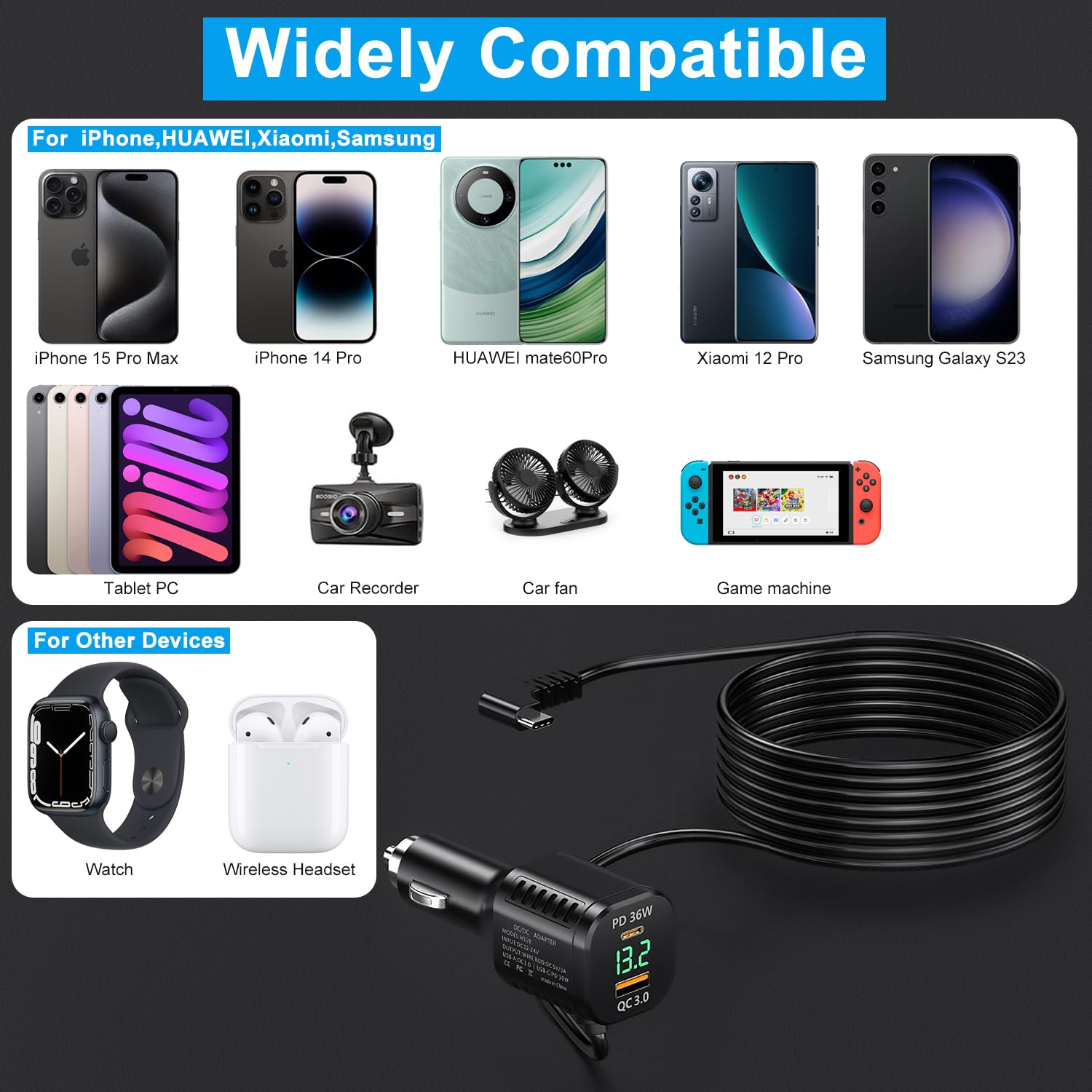 La Couleur Noire Chargeur USB De Voiture PD 20W, 4 Ports, Charge Rapide