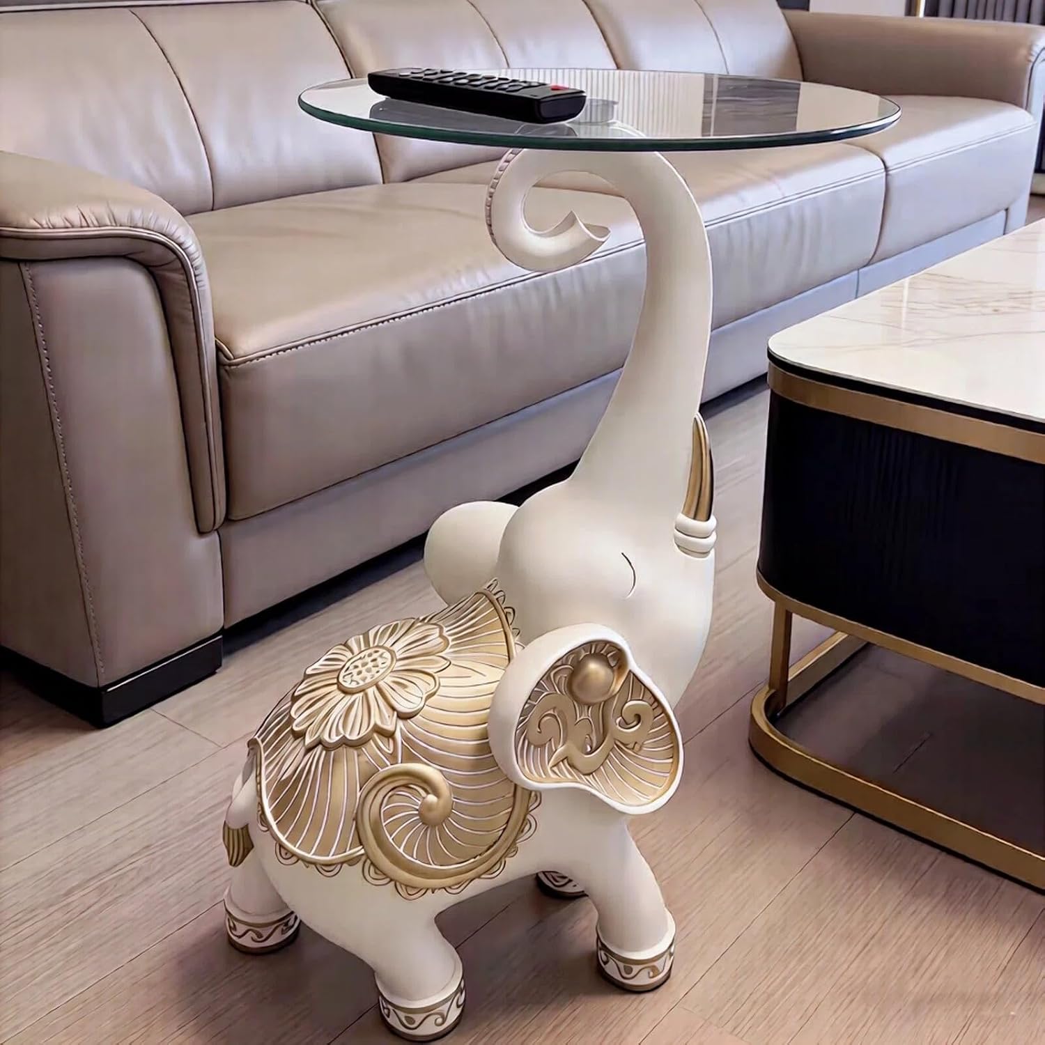 Elephant Side Table with Glass Top, White and Gold, 27.2 Inch