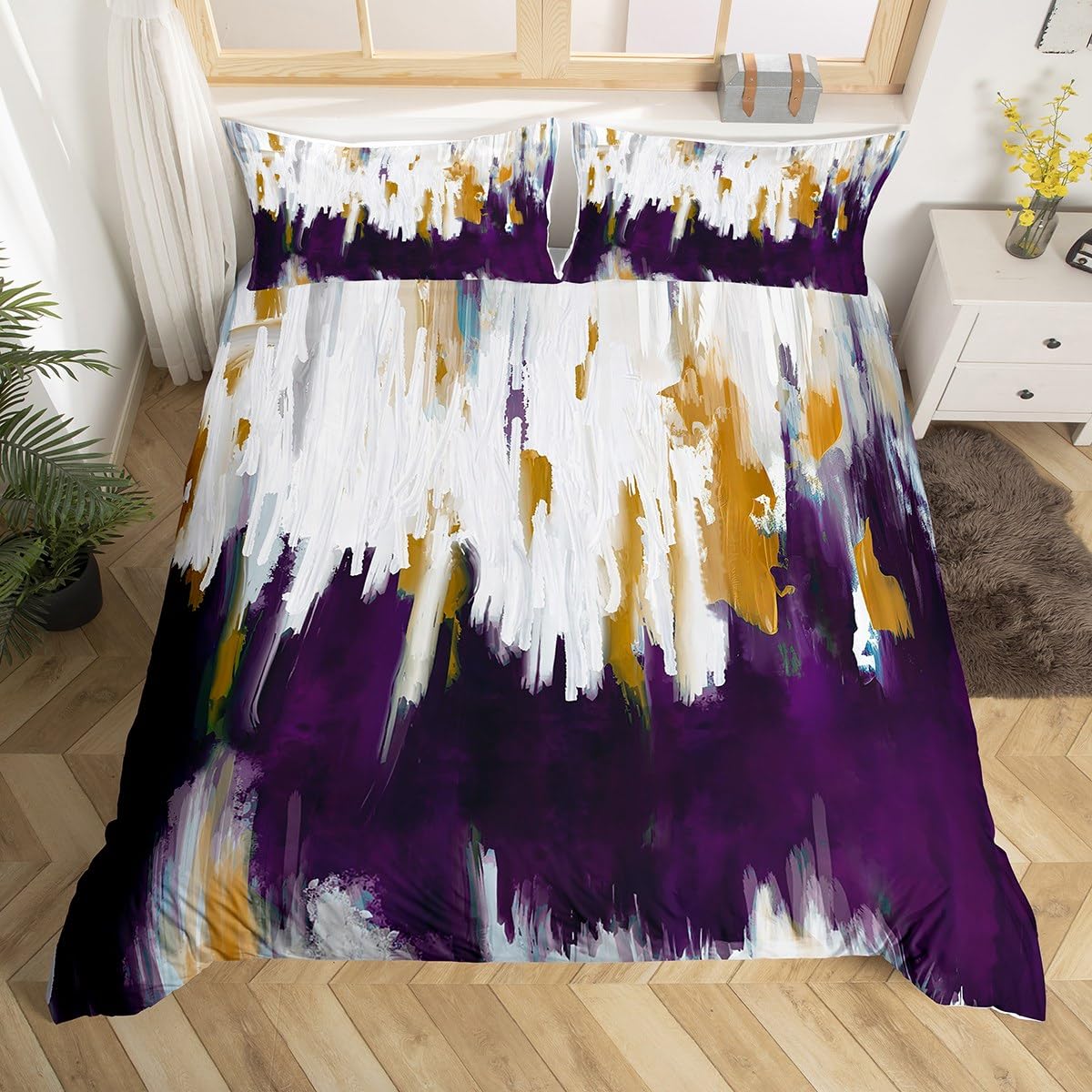 Homewish Abstract Ombre Bed Set White Purple Duvet Cover Double, Gradient Brush Marks Bedding Set Contemporary Artwork Comforter Cover, Watercolor Stripe Aesthetic Bed Cover Luxury โ image 1