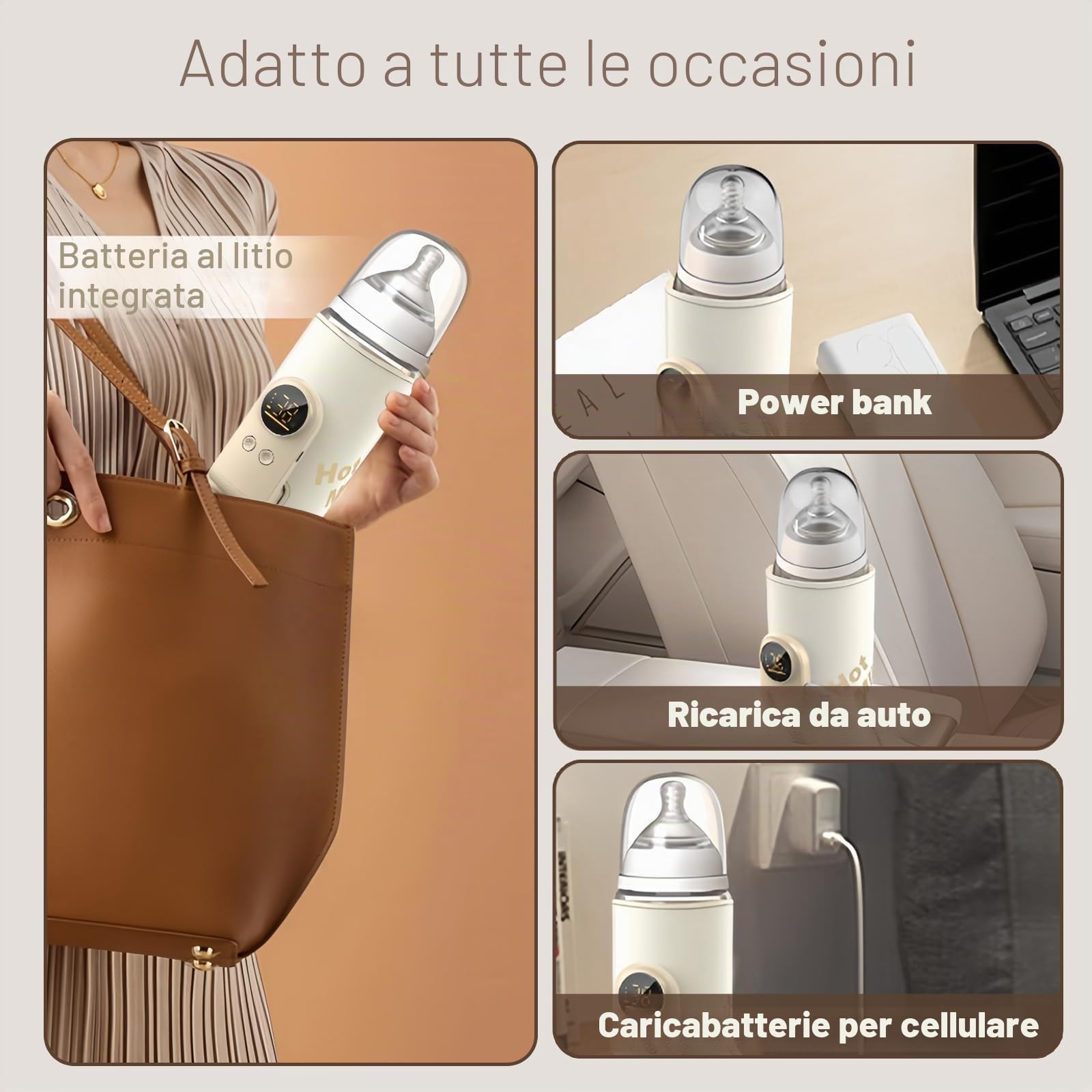 scaldabiberon per bambini, portatile, in viaggio con display LCD, ricarica USB, 6 temperature regolabili 38-50 ℃, scaldabagno per bambini in viaggio e in casa (beige)
