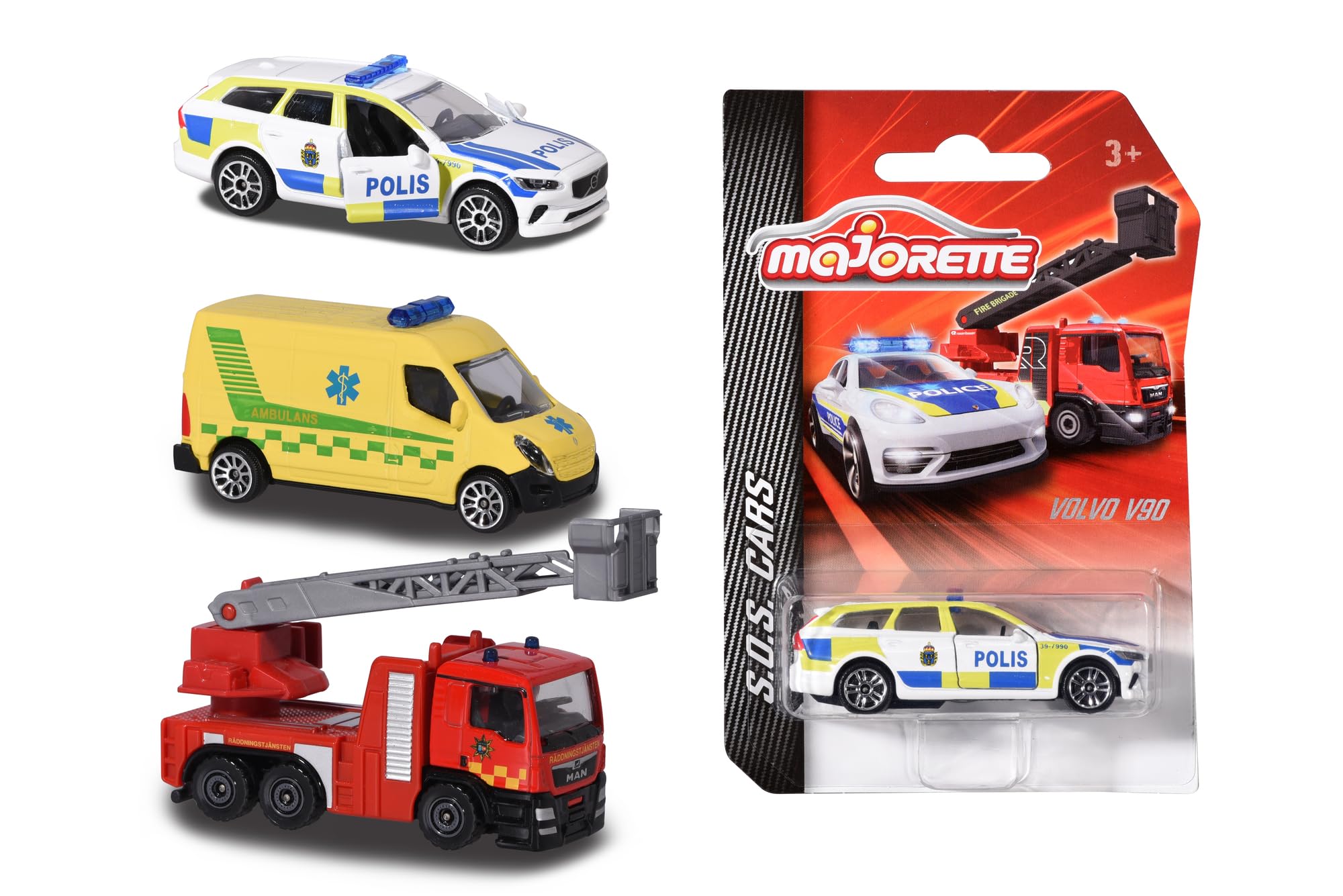 Majorette 212057182033 Szwedzkie pojazdy ratownicze Szwedzki pojazd ratowniczy, dostępny jako samochód strażacki, samochód policyjny Volvo V90 lub pogotowie ratunkowe, 7,5 cm, od 3 lat (asortyment)