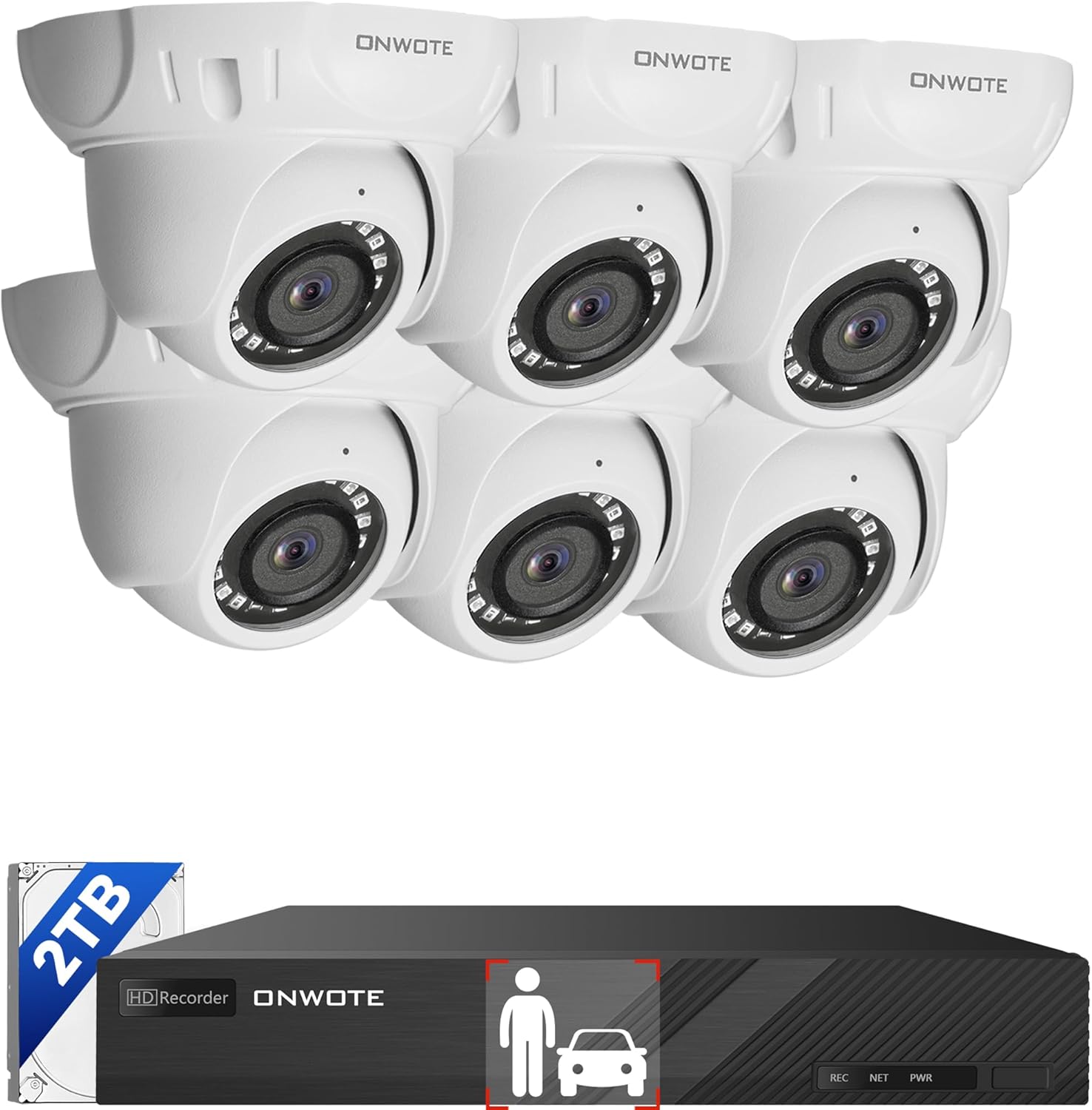 ONWOTE 8 Channel 4K NVR PoE Security Camera System, 6X 8MP Wired Outdoor IP Cameras, 125° FoV, AI Human Vehicle Detection, 8CH NVR 2TB Record Video Audio, CCTV Surveillance Kit for Home Businesses