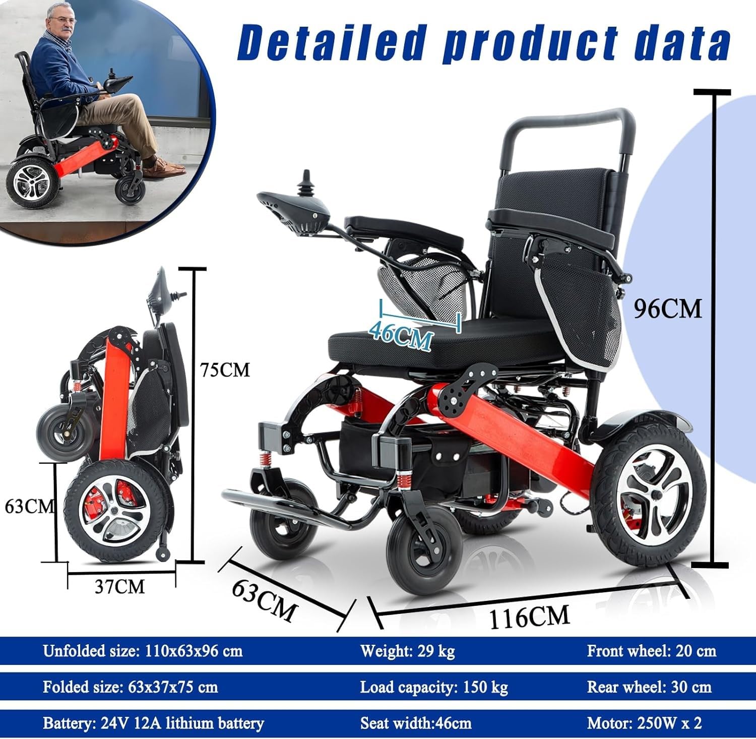 Sedia A Rotelle Elettrica Pieghevole, Sedia A Rotelle da Viaggio A Lunga Durata da 25 Km Sedie A Rotelle Elettriche Leggere per Adulti E Anziani, Supporto 150 kg,