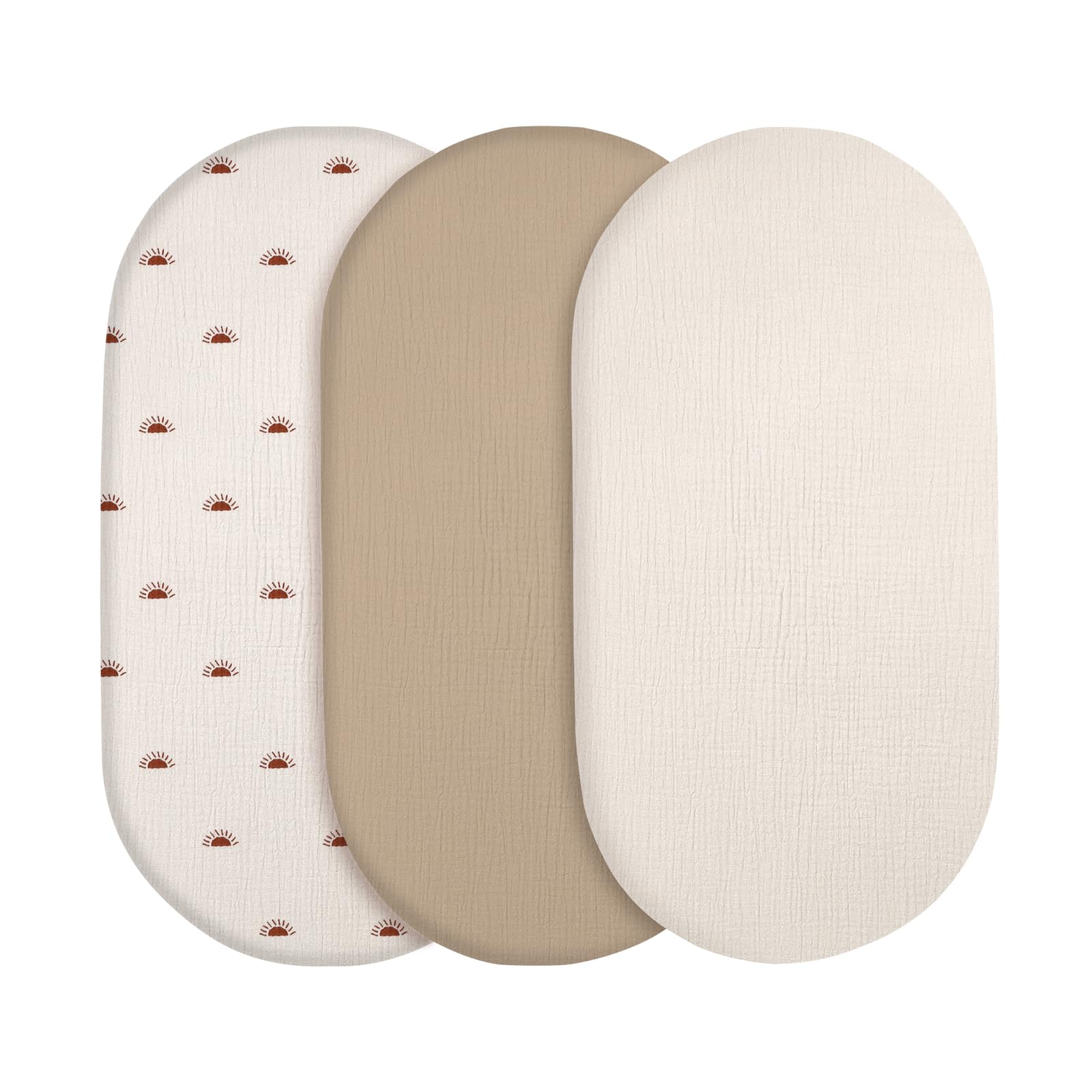 Lenzuola Navicella Set di 3, 100% Mussola di Cotone Neonato Lenzuola Culla, Neonato Lenzuola Carrozzina Morbido e traspirante, adatto a materassi di, 70x35cm 75x35cm 80x40cm, Sole