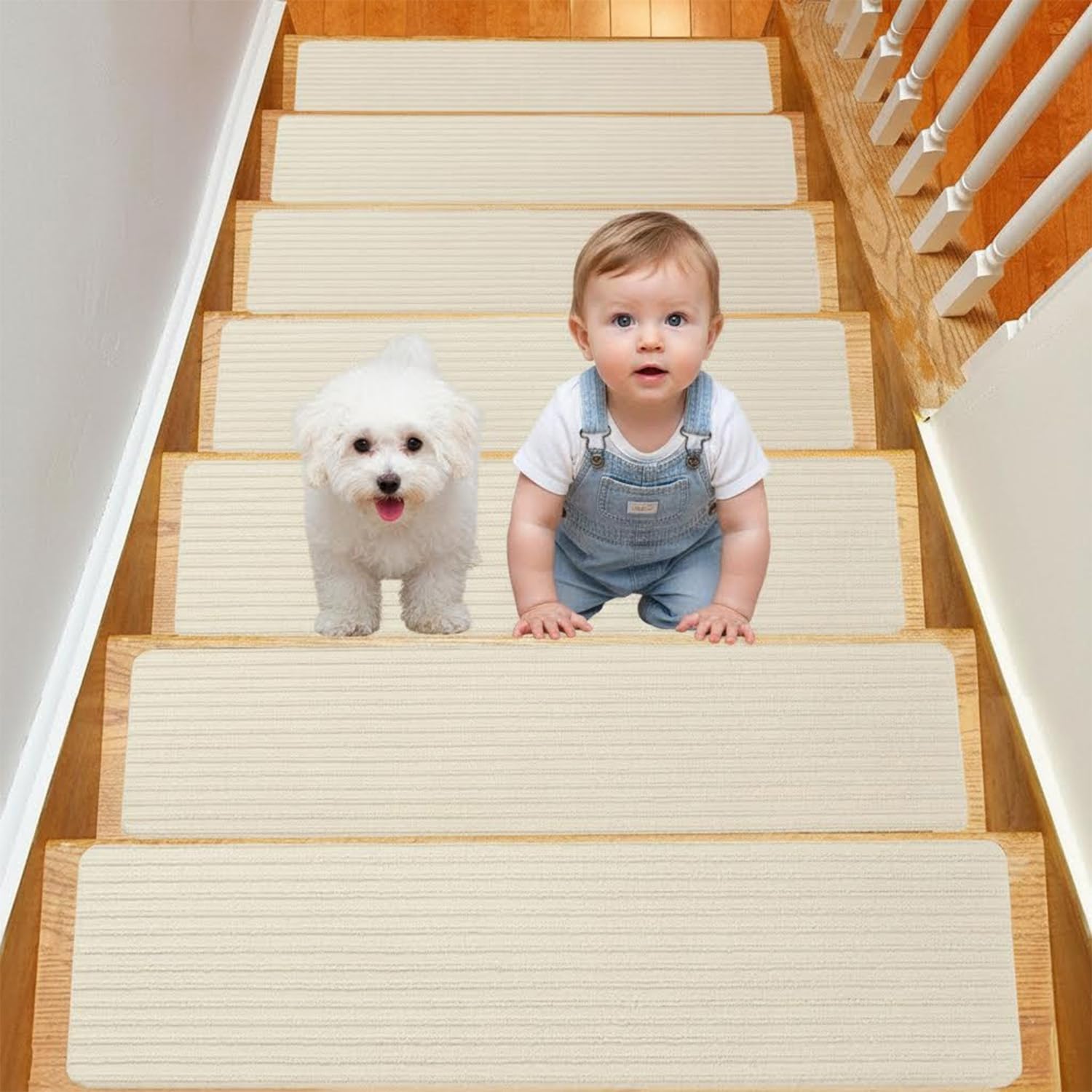 Xtrillogen 15 Pack Stair Treads Carpet,Reusable Non Slip Matting,Cut to Size Peel and Stick Stair Treads,Rectangular Carpet Runner for Children and Elderly Safety(Beige)