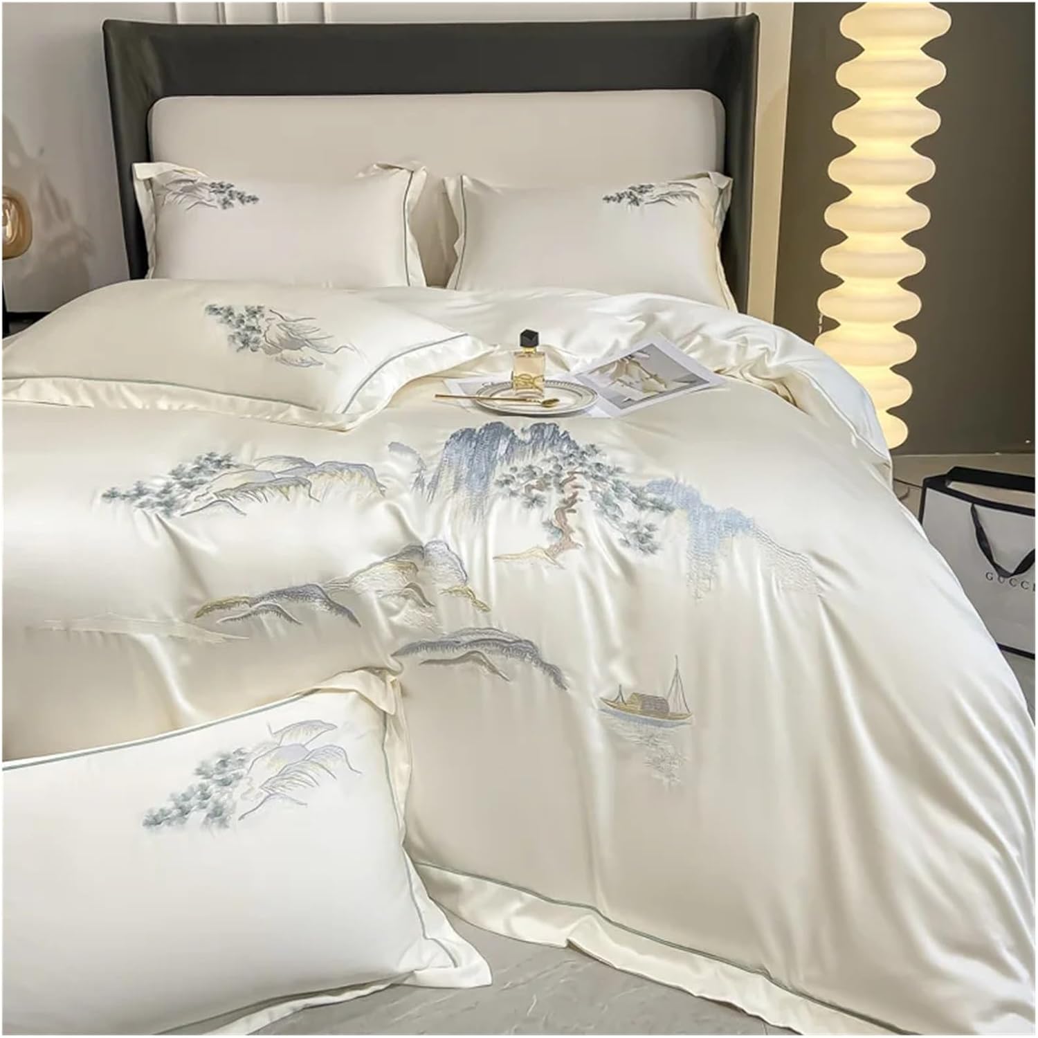 Bed Four Pieces Set Chinese Style Landscape Embroidery Luxury Bedding Set Smooth Duvet Cover Set Soft Quilt Cover Bed Sheet Set Pillowcases(White,Fitted-Queen Size 4PCS)