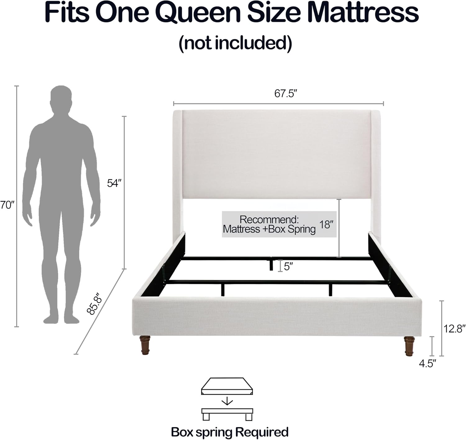 Ball & Cast Queen Size Bed Frame, Upholstered Platform Bed Frame Queen with 54" Wingback Headboard & Solid Wood Legs, No Box Spring Needed, Free Noise, Easy Assembly,Textured Ivory