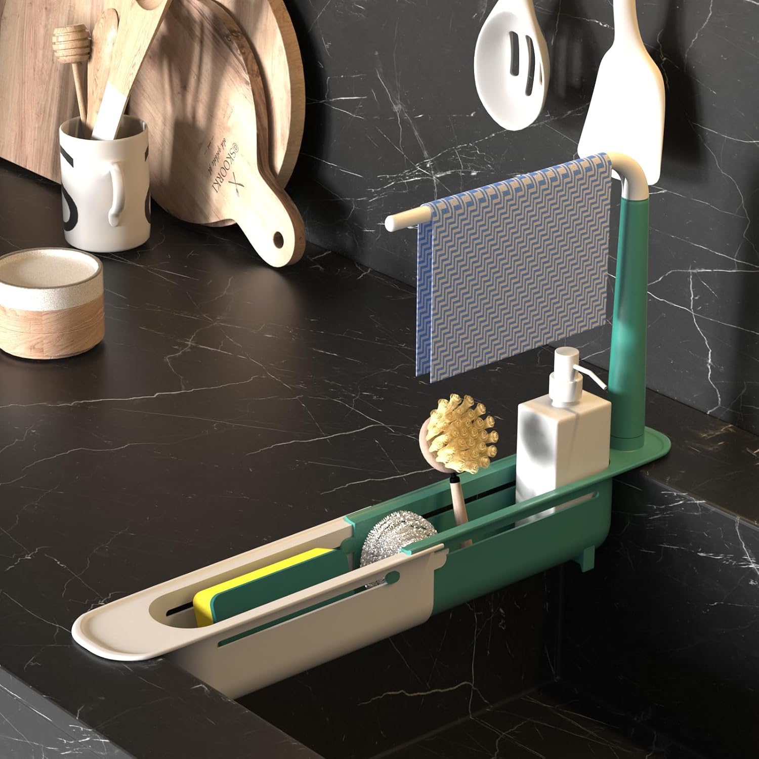 Telescopic Sink Storage Rack Adjustable with 2 Sponge - Sink Caddy Sponge Holder for kitchen sink(Green) image 5