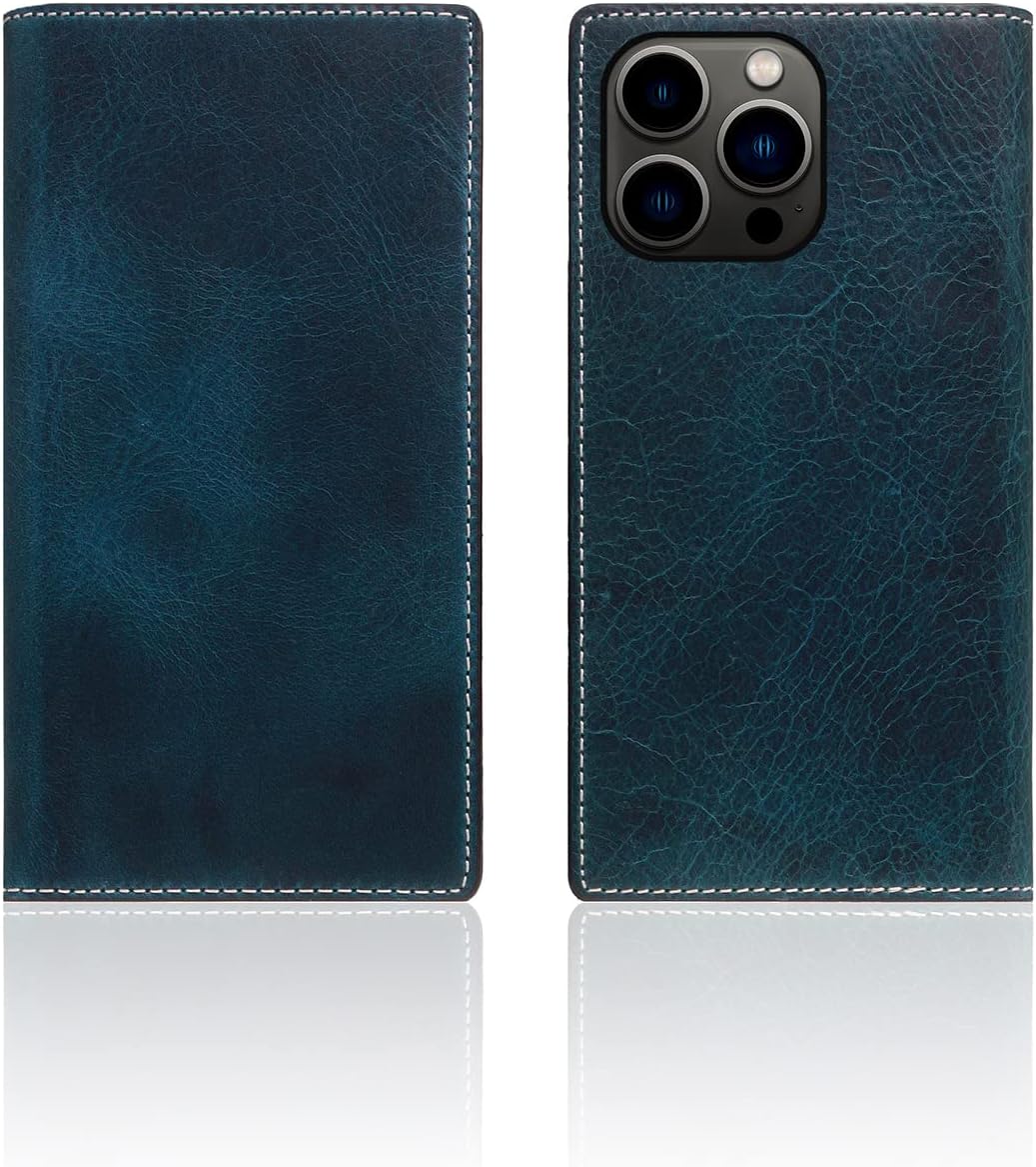 SLG D7 Italian Wax Leather Wallet Case for iPhone 14 Pro - Handcrafted Diary Style with Card Holders and Side Cash Pocket, Gift Box Included (Blue)