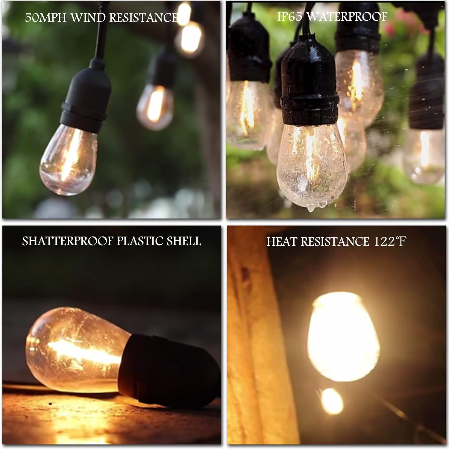 VAVOFO 48ft - Waterproof - Solar Outdoor String Lights 15 LED Shatterproof Bulbs, 2w 2200k Warm White Patio Bistro Lights, Commercial Grade Heavy Duty- Wedding, Party, Market, Garden, Porch