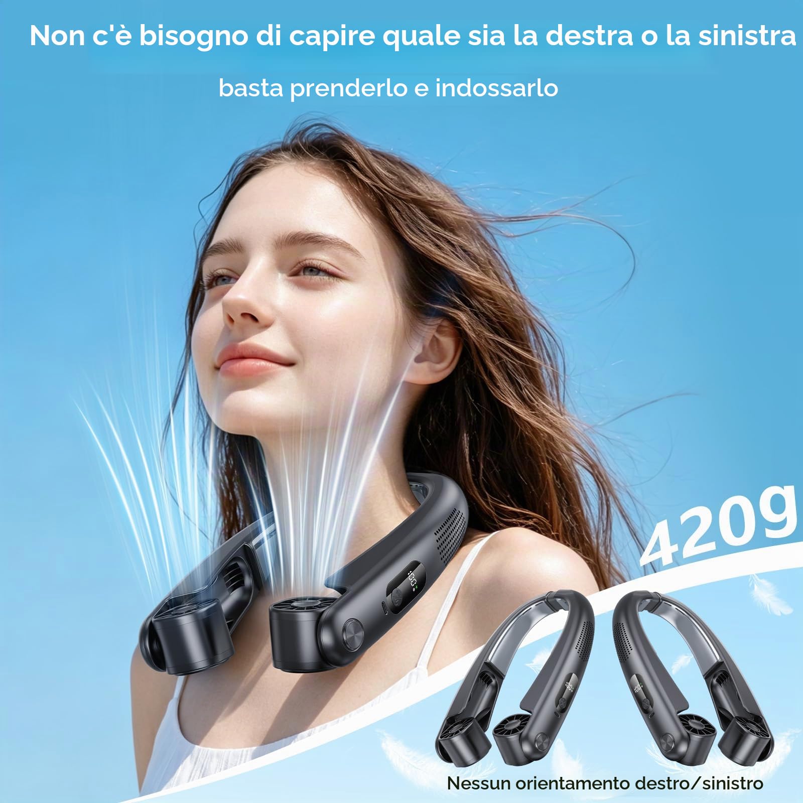 Ventilatore da Collo Senza Pale, Flusso d'aria a 360°, Ricaricabile Tramite USB, Ventilatore da Collo 6000mAh con Piastre Rinfrescanti, Regolazione della Velocità da 1 a 100, Uscite D'aria Regolabili