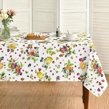 Violet Linen European Floral Botanical Berries Fruits Strawberry Pattern, Polyester Woven Printed Fabric, Multi, 52 inch by 70 inch, Seats 4 to 6 People, Rectangular Tablecloths