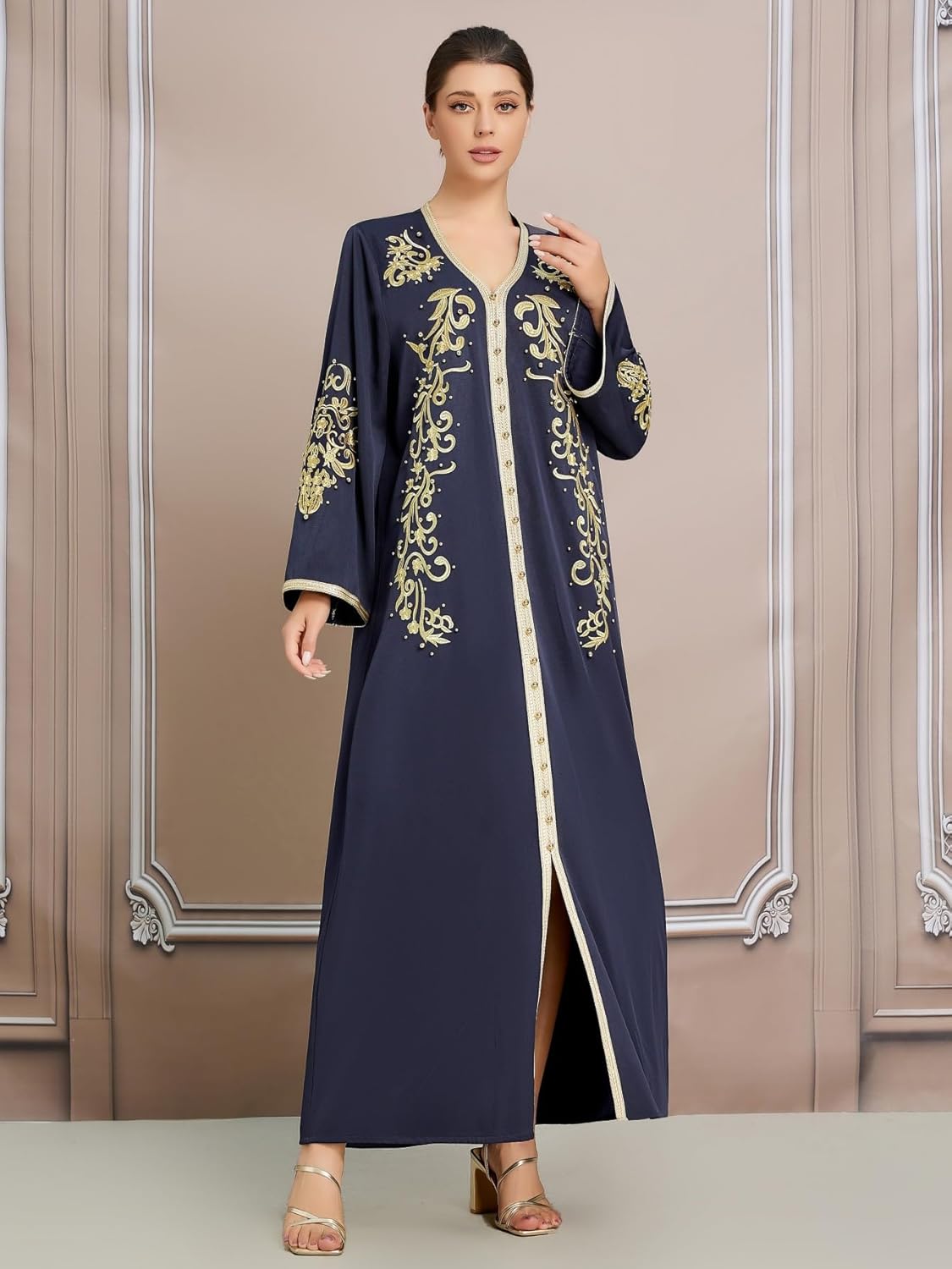 Luxury Plus Size Kaftan Dress for Women Embroidered Muslim Abaya Dress V Neck Middle Eastern Robe for Eid Ramadan - Image 2