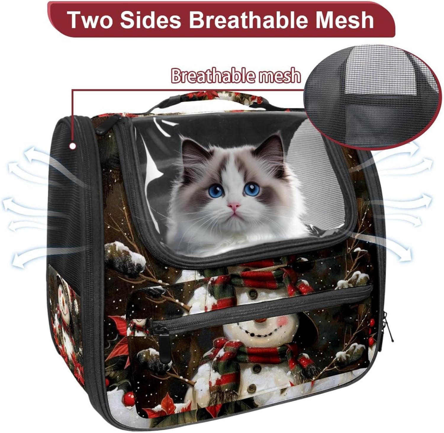 Portable Travel pet Backpack Carrier Hamster Bag Small Dog cat Carrier Breathable Hang Bag, Cute Christmas Snowman 1