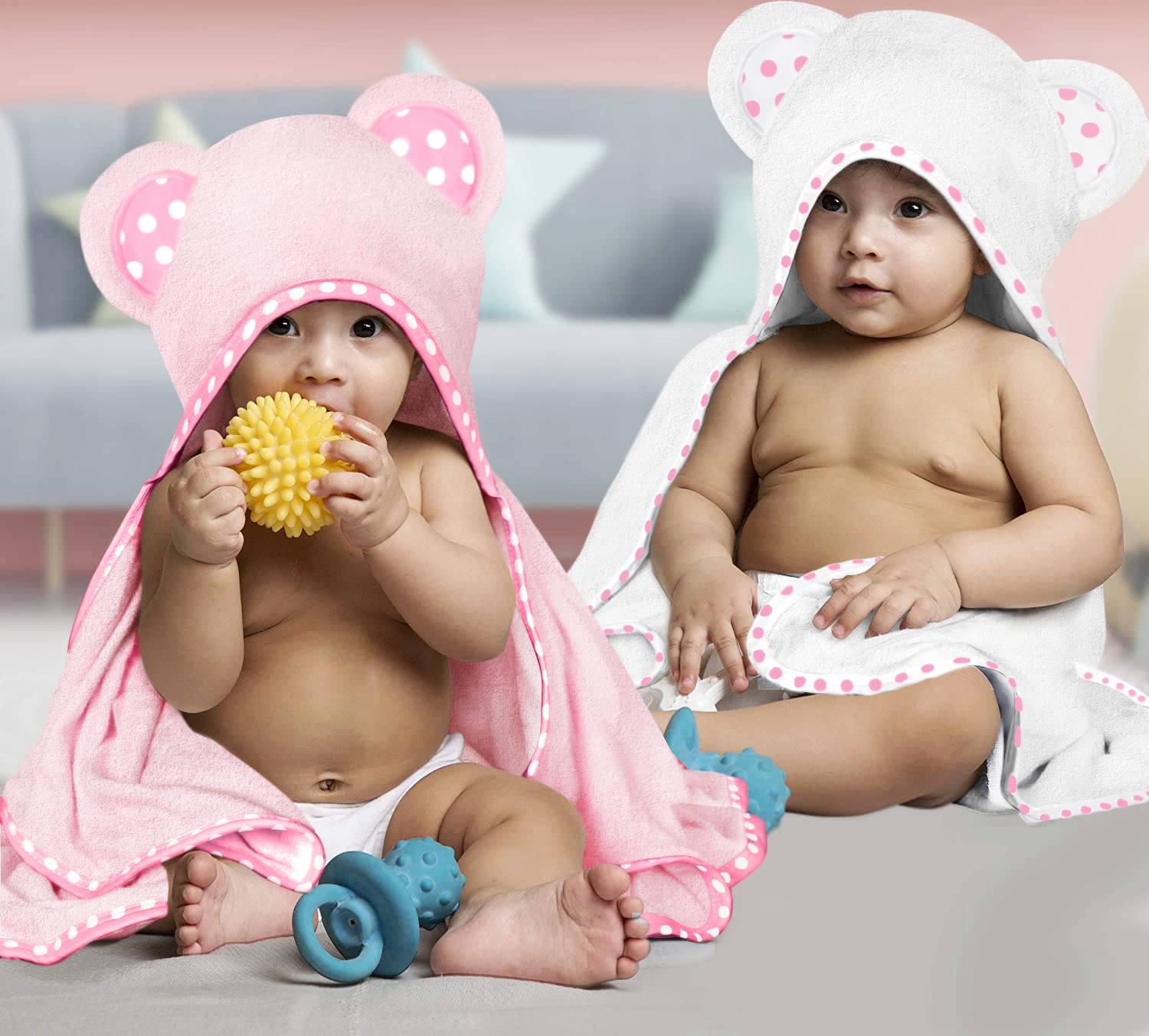 Hikyskin Set of 2 Bamboo Hooded Baby Towels – Luxurious, Large and Super Absorbent – 30 x 30 Inch – Soft and Suitable for Infants, Toddlers and Kids – 400 gsm (White and Pink)