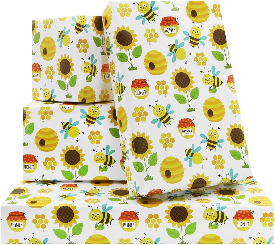 Sunflowers, Golden-yellow Pot of Honey and Bumble bees Wrapping Paper Folded Flat 4 sheets 28 x 20 Inch For Happy 1st Birthday Bee Day Wedding Parties Bee Lover Baby Showers Valentine Christmas Kids