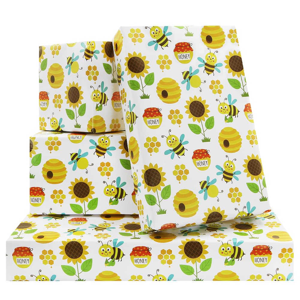 Sunflowers, Golden-yellow Pot of Honey and Bumble bees Wrapping Paper Folded Flat 4 sheets 28 x 20 Inch For Happy 1st Birthday Bee Day Wedding Parties Bee Lover Baby Showers Valentine Christmas Kids
