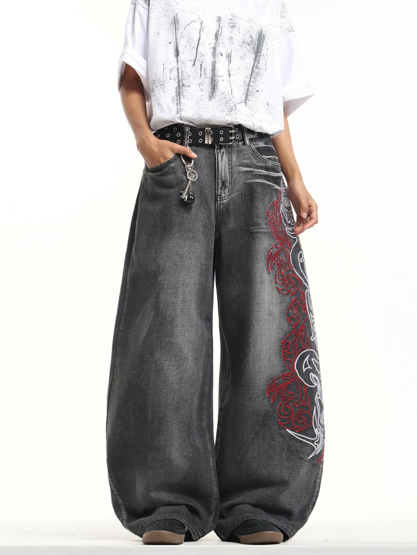 Jeans da uomo con ricamo, hip hop, skater, gamba larga, pantaloni in denim Y2K Streetwear