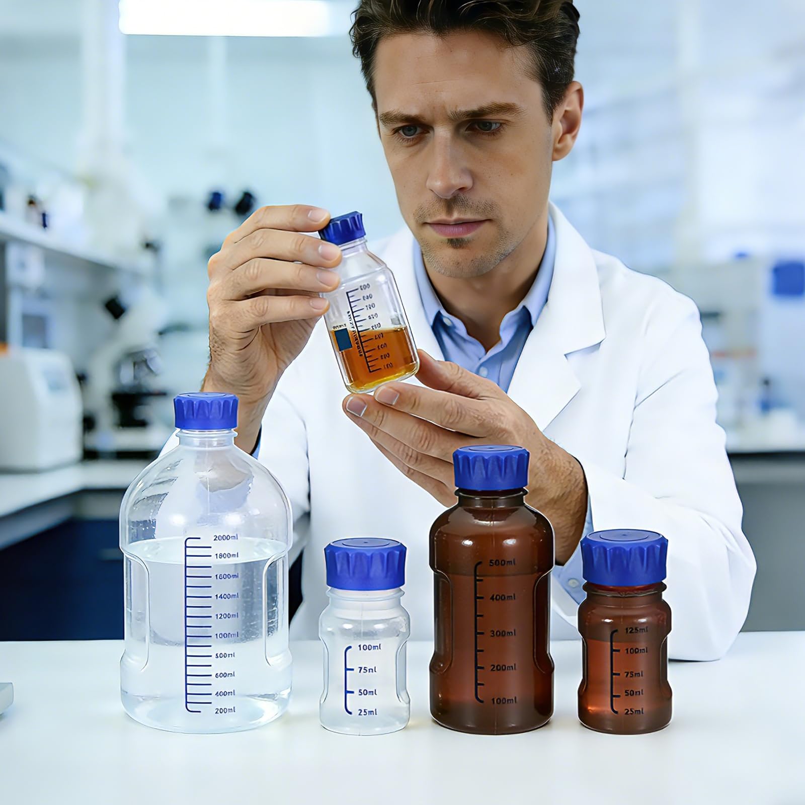 PATIKIL 1 Stück Laborflasche mit Skalierung, 2000ml Weithalsflasche Kunststoff mit Breiter Öffnung, Versiegelt, Auslaufsicher, für Pillenflaschen, Wasserprobenflaschen - Brown