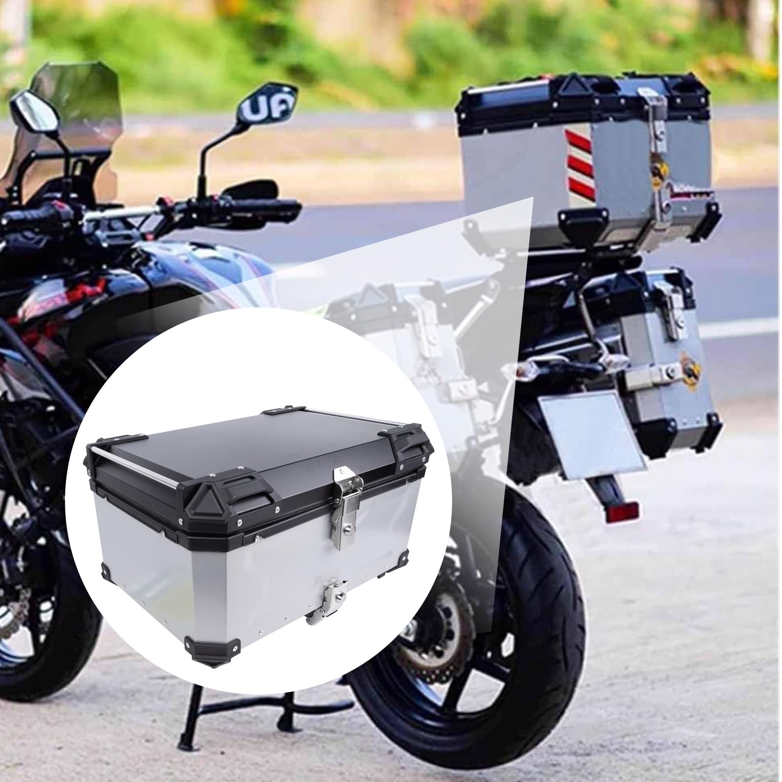 Bauletto moto in alluminio, impermeabile, 65 L Bauletto superiore per moto o contenitore per bagagli (Argento)