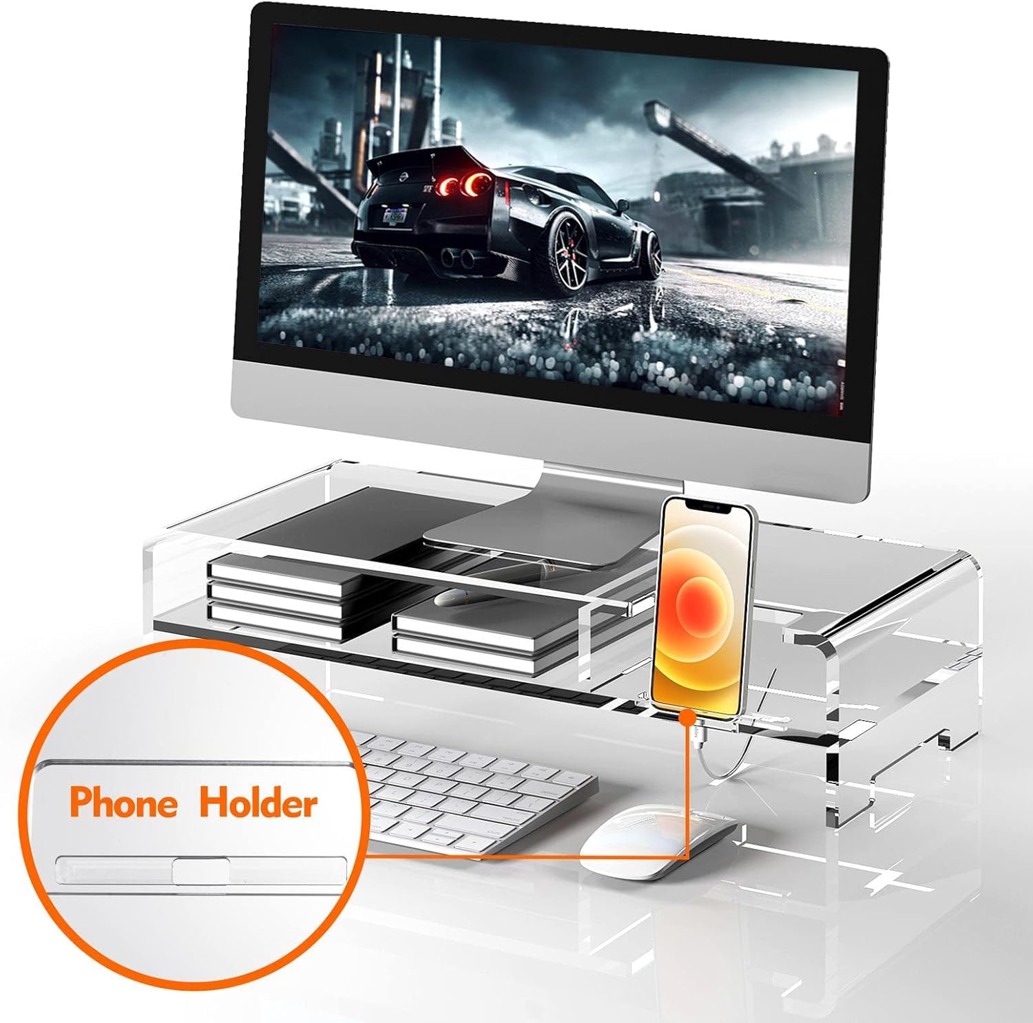 BEYGORM Supporto per monitor in acrilico, largo 50,8 cm, 2 ripiani per computer con contenitore, organizer da scrivania, per stampante, laptop, supporto per schermo e telefono (trasparente)