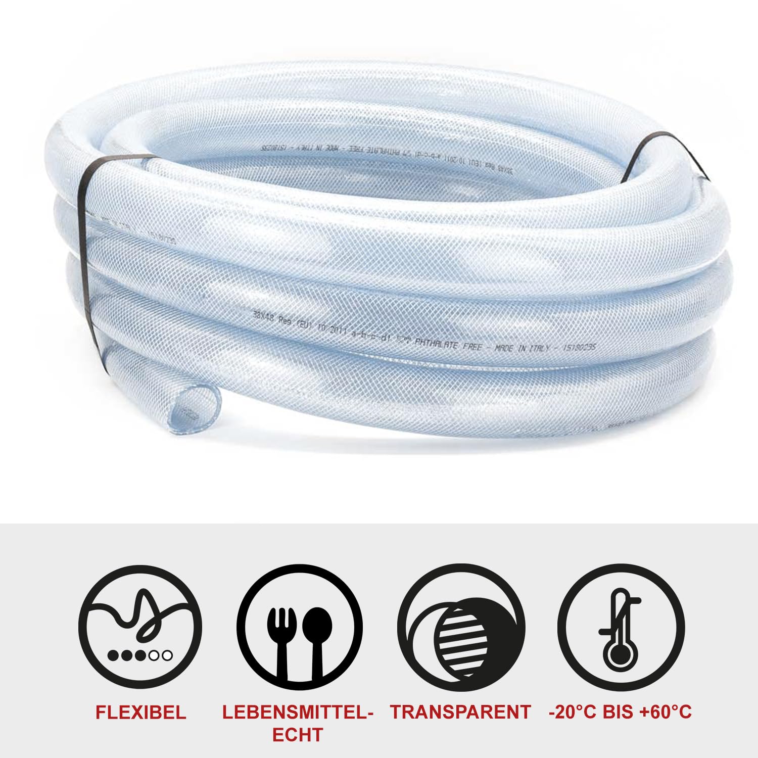 FLEXTUBE TX Ø 38mm x 5mm (1 1/2 Zoll), 10m lang PVC Schlauch mit Gewebe, Lebensmittelecht durchsichtig flexibel Druckschlauch Druckluftschlauch Lebensmittelschlauch Wasserschlauch Luftschlauch