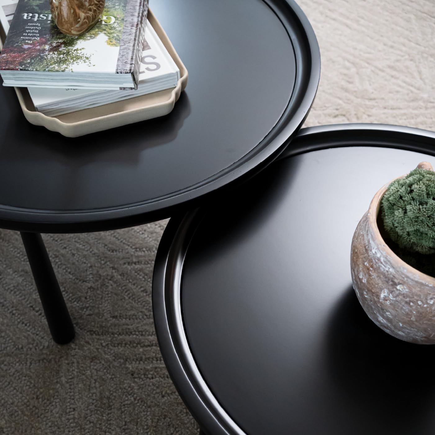 Maven Lane Sonia Modern Nesting Tables, Set of 2 – Sleek Black Finish, Space-Saving Round Design, Durable MDF & Metal Construction – Elegant Coffee Tables for Stylish Living Spaces