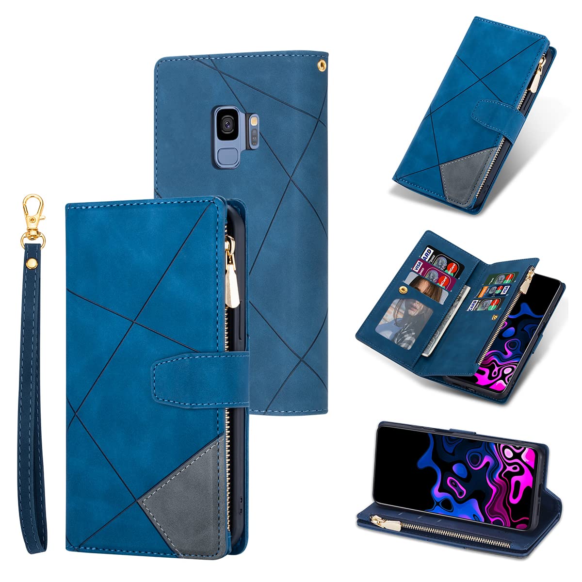 UEEBAI Wallet Case for Samsung Galaxy S9 Plus, 9 Card Holder Slots Zipper Pocket Handbag Wallet Magnetic Closure Kickstand with Wrist Strap TPU