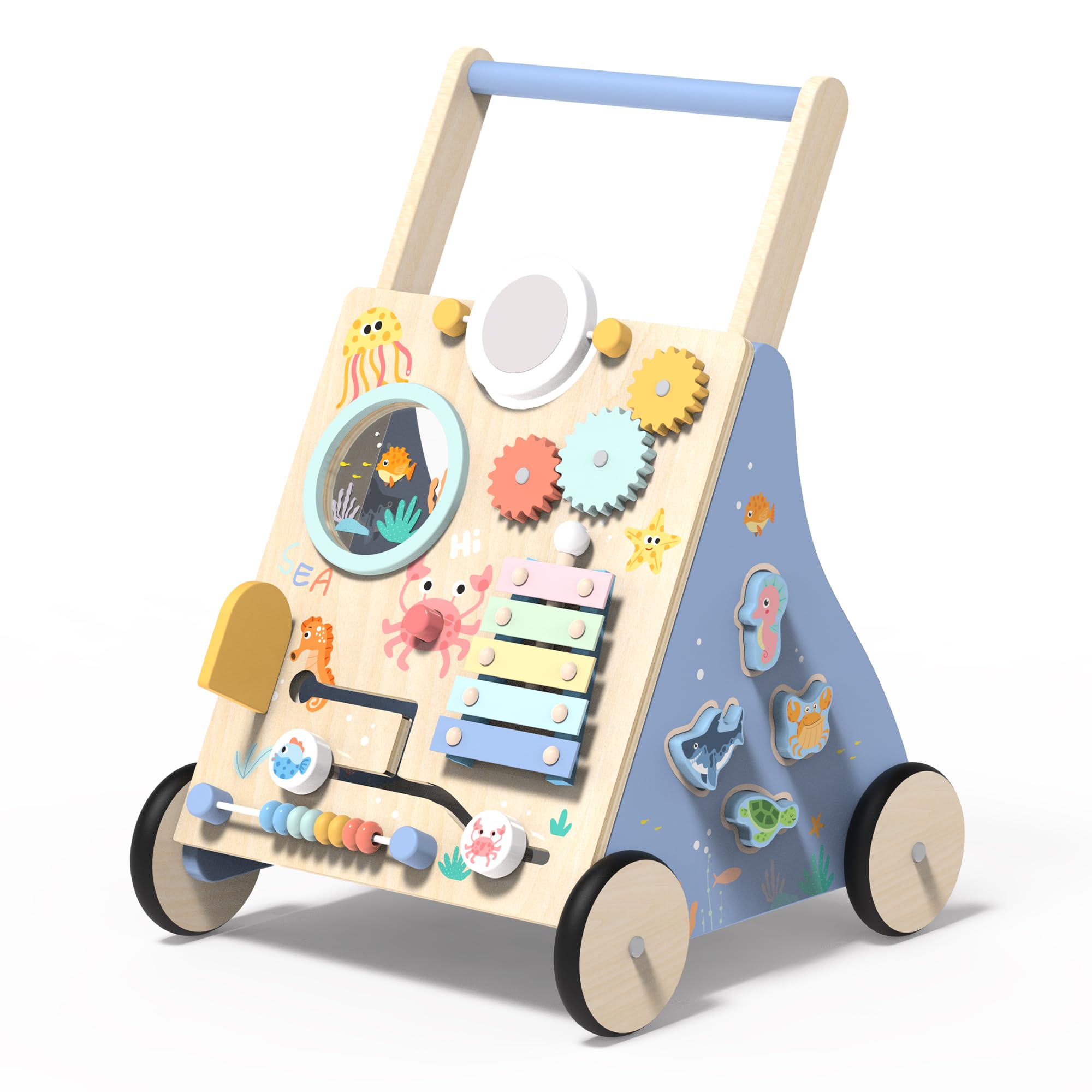 Lauflernwagen Holz, Ozean Baby Lauflernhilfe mit Multifunktional Montessori Spielzeug, Holzspielzeug mit Rädern und Stauraum, Baby Walker Geschenk für Jungen und Mädchen