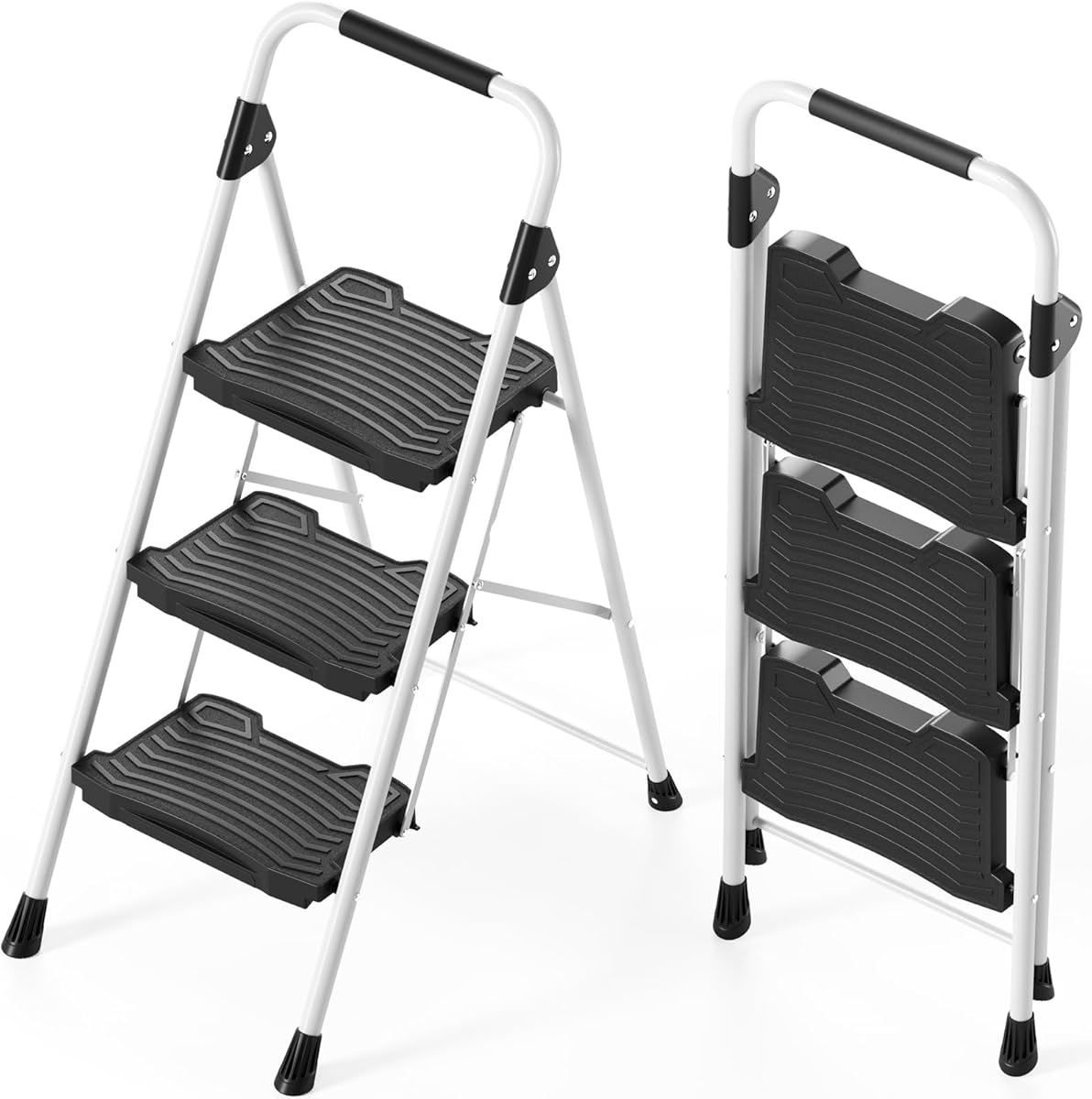 KINGRACK 3 Step Folding Ladder, 900 lbs Load Capacity, Non-Skid Large Pedals, Handrail, Safety Lock, Sturdy Step Stool for Home, Office, Garden, Multi-Purpose, White