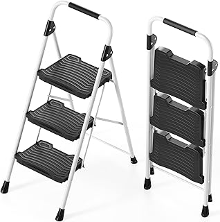 KINGRACK 3-Step Folding Ladder, 900 lbs Load Capacity, Non-Skid Large Pedals, Handrail, Safety Lock, Multi-Purpose Step St...