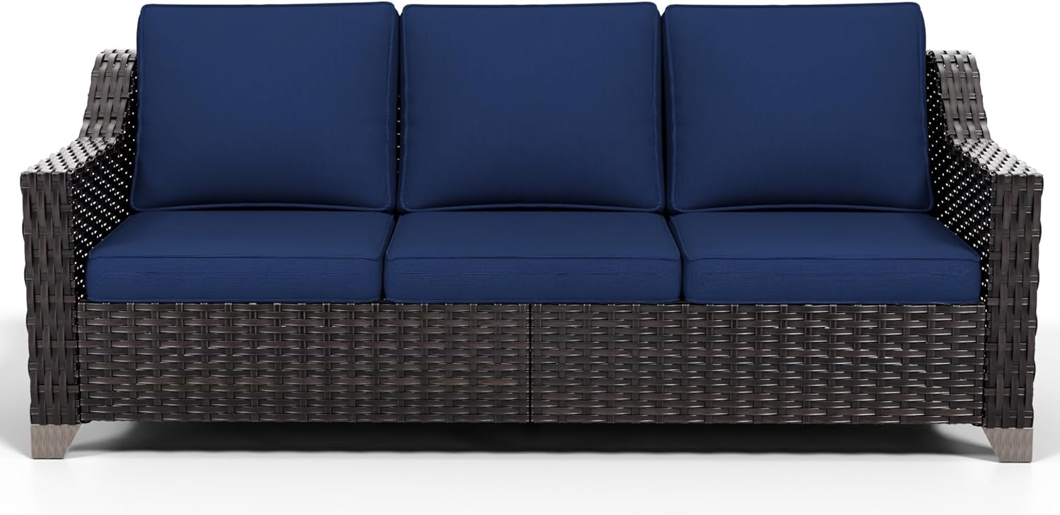 Patio Sofa, 3-Seat Outdoor Couch with Thickened Cushions, Wicker Patio Furniture Sofa High Back, Rattan Outdoor Sofa for Porch, Deck (Blue)