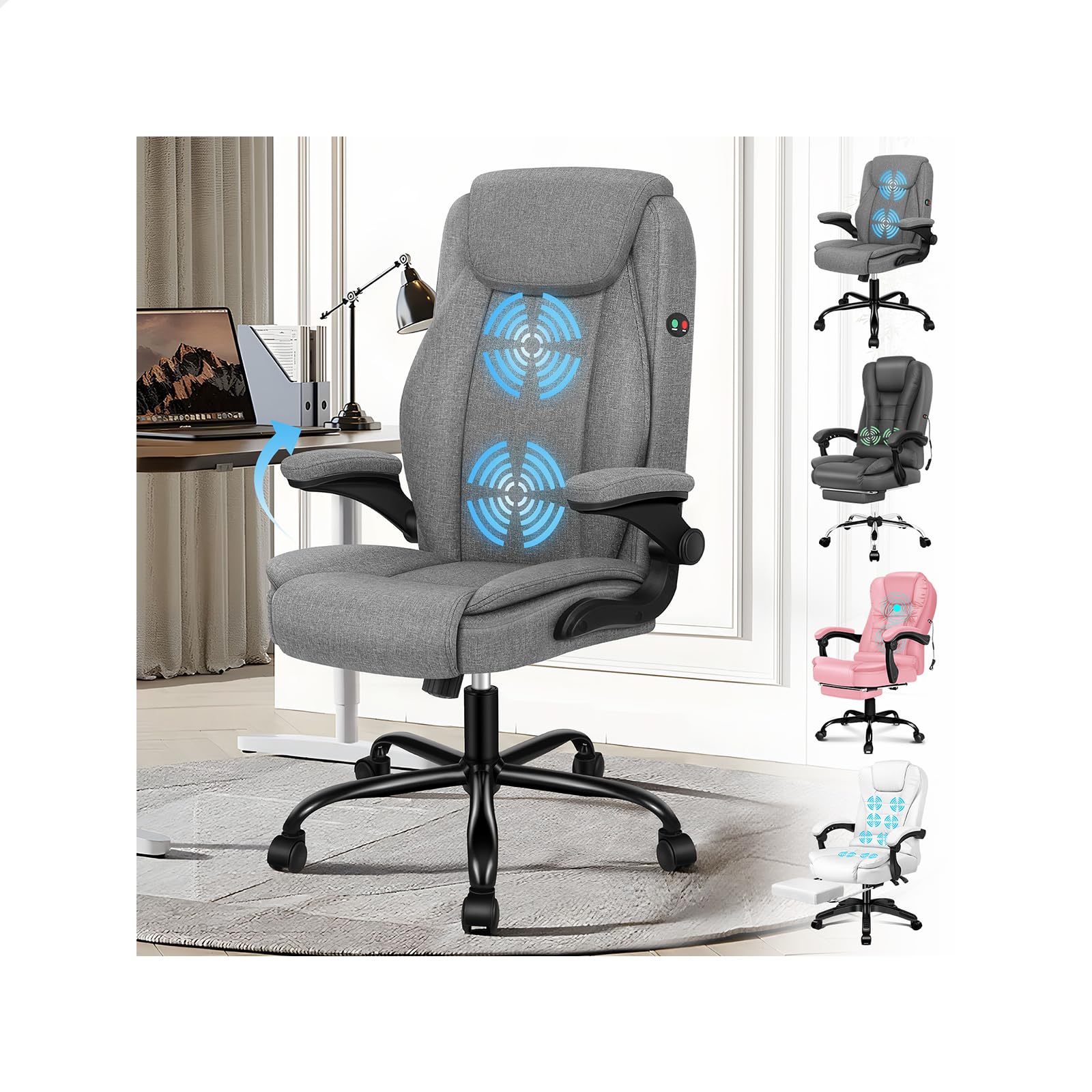ELFORDSON Massage Office Chair for Home, Executive Comfy Office Chairs with 90° Flip-up Armrests, Adjustable Height, Swivel, Ergonomic Heavy-duty Desk Work Chair, PU Leather, White — image 1