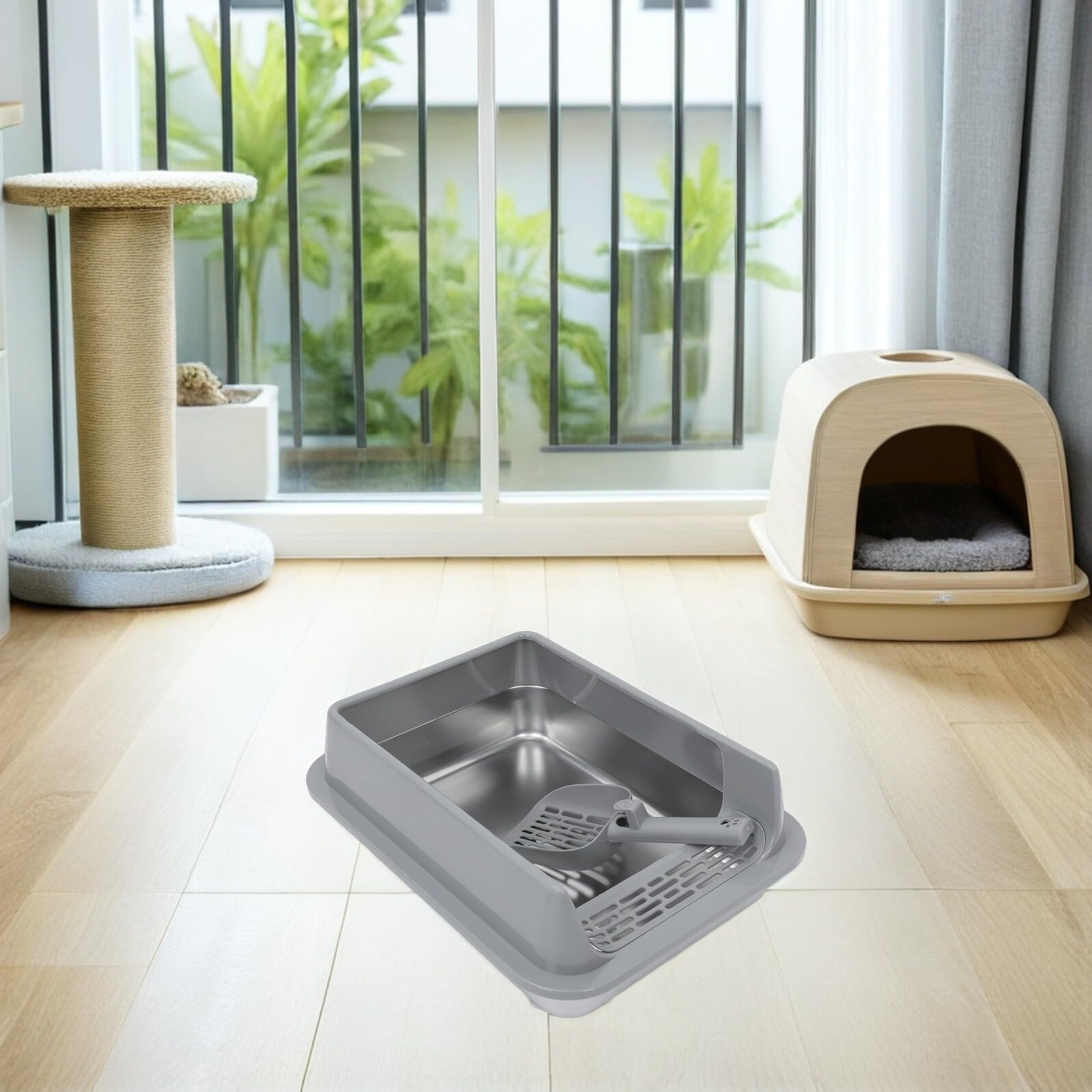 BESTonZON Edelstahl Katzenklo mit Abdeckung Tiefe Metal Katzenstreu Schale Rostfrei und Langlebig Geräumig für Kätzchen Senioren und Kaninchen Modernes Design für Innenbereich