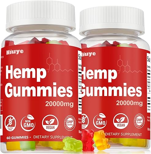 Paquete de 2 gomitas de cáñamo extra fuertes, 20,000 mg de alta potencia, ricas en omega 3-6-9 e infundidas con aceite de cáñamo, probadas por