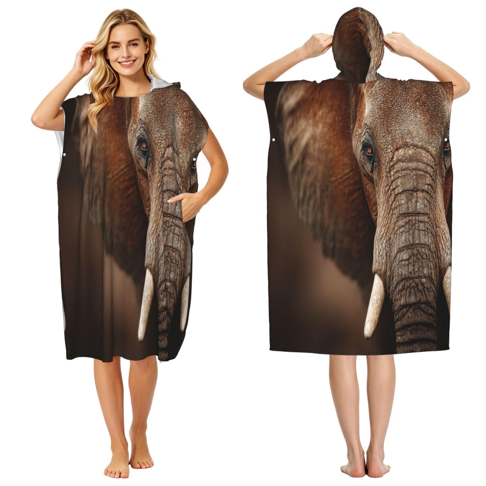 KLGRTJHK Elephant Adult Hooded Beach Poncho Towel 43"X35"