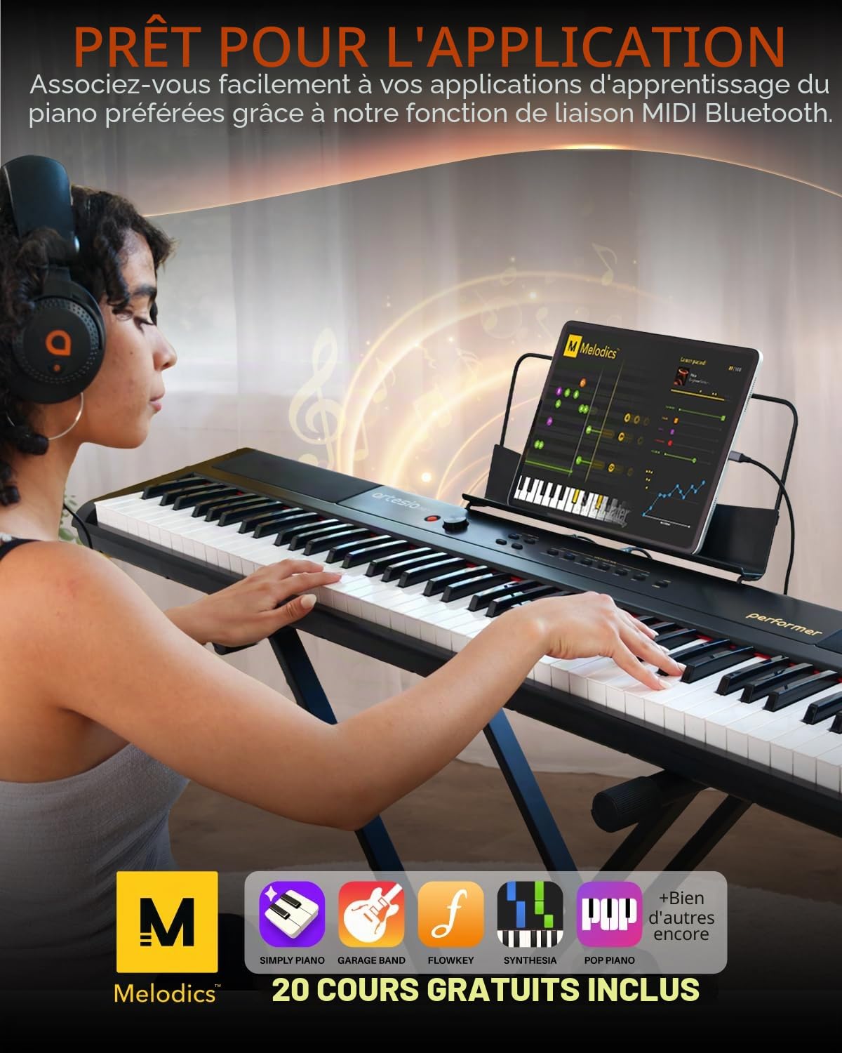 Artesia Piano numérique portable à 88 touches, clavier électrique avec touches sensibles à la vitesse, ensemble pour débutants avec pédale de sustain, support de musique et leçons de piano gratuites
