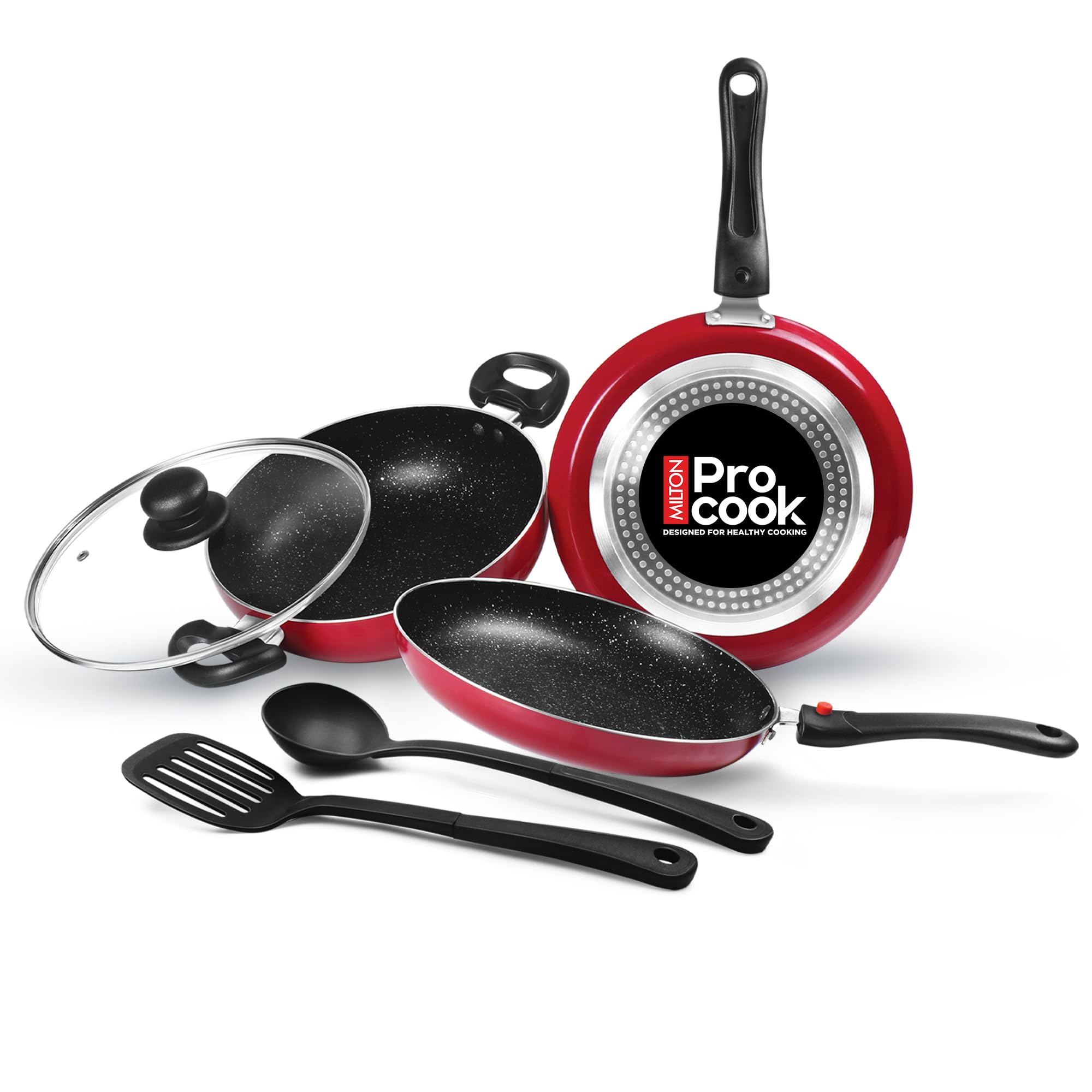 Milton Pro Cook Kitchen Jewel Set of 5 Non Stick Cookware | Induction and Gas Stove Friendly I Cooking Pan, Kadhai with Lid, Tawa I Maroon Color-image-5
