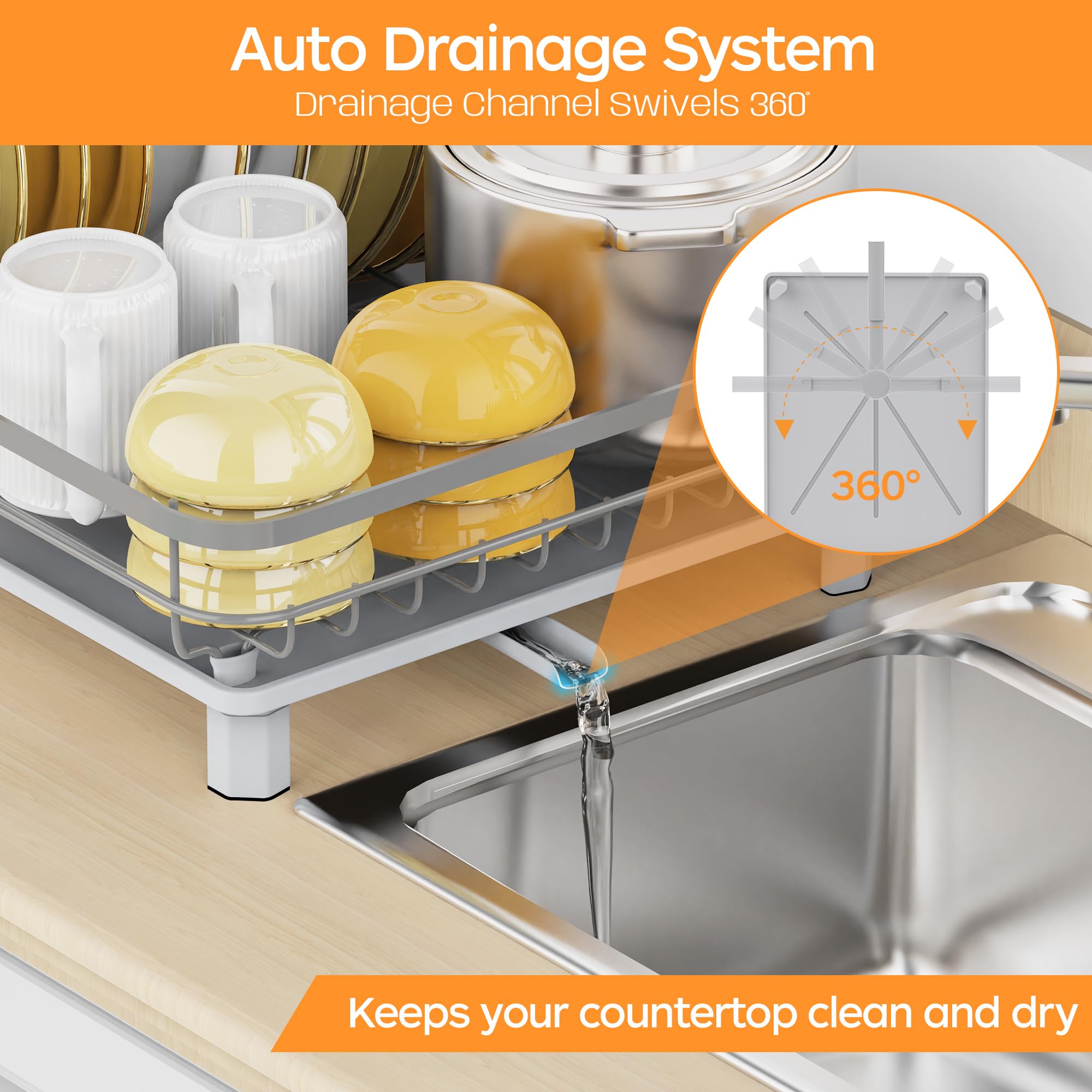ROTTOGOON Escurreplatos de acero inoxidable para encimera de cocina, escurridor de platos duradero con escurridor, drenaje, soporte para utensilios para varios utensilios de cocina, 16.9 pulgadas de
