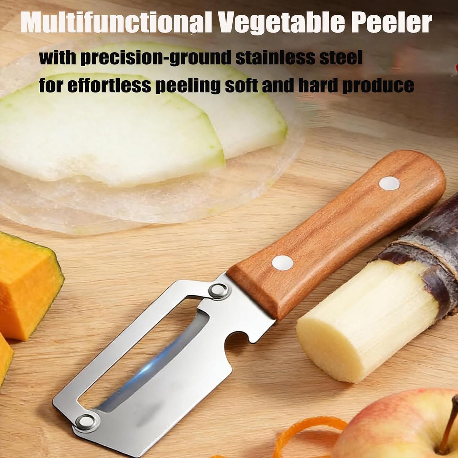 Pelador de verduras multifunción 2 en 1 para cocina con hoja de acero inoxidable ultraafilada y mango de madera ergonómico: pelar patatas, zanahorias y abrir botellas de vino sin esfuerzo (1pc) — view 7