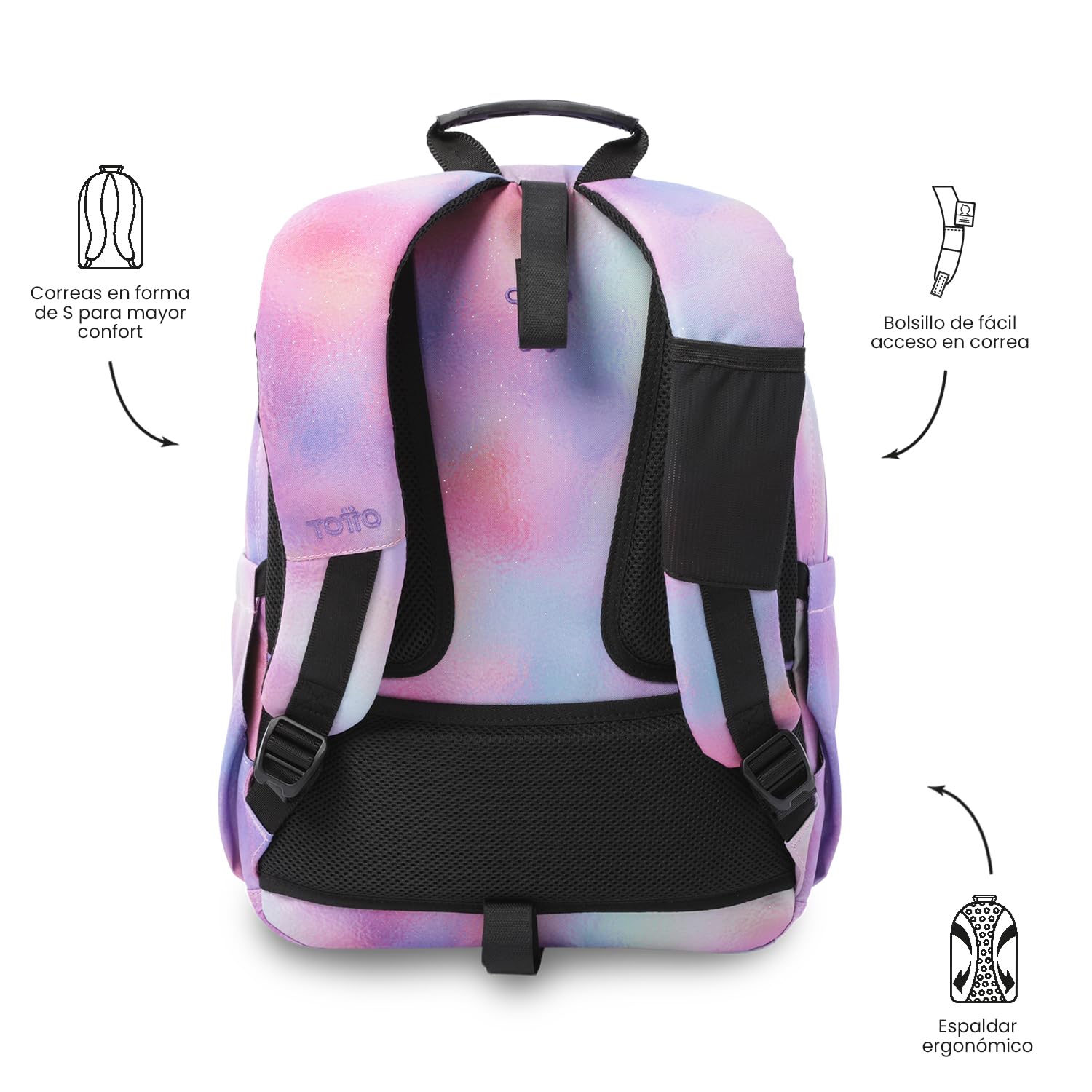 TOTTO - Mochila Escolar Adaptable a Carro, Modelo Acuareles Glitter, Capacidad 20 L, Bolsillo para Pc 14", 2 Bolsillo Botella, Espaldar Ergonómico con Flujo de Aire, Correas en S, Estampado Bloom