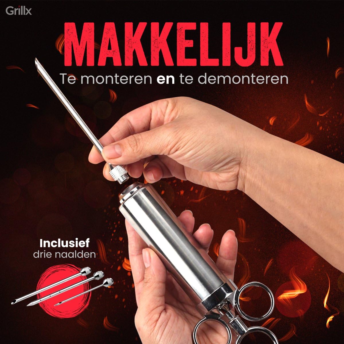 GrillX luksusowa strzykawka do marynaty, zawiera 3 igły, szczotki i worek do przechowywania, strzykawka do mięsa - akcesoria do grilla