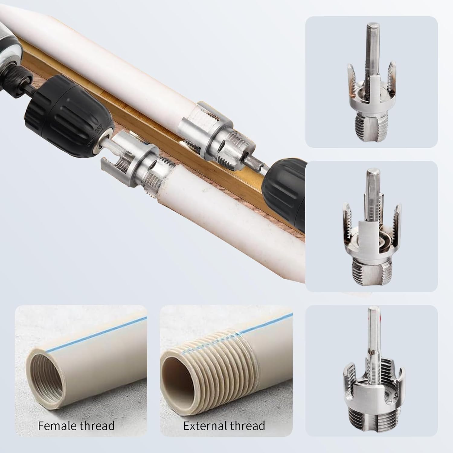 3Pcs PVC Pipe Threader Tool Kit- 1/2" & 3/4" & 1", Dual-Function Internal & External Pipe Threading Tool for PVC/Plastic Pipes, Electric Drill Compatible Pipe Threader Cutting Tool Set (3 Sizes)