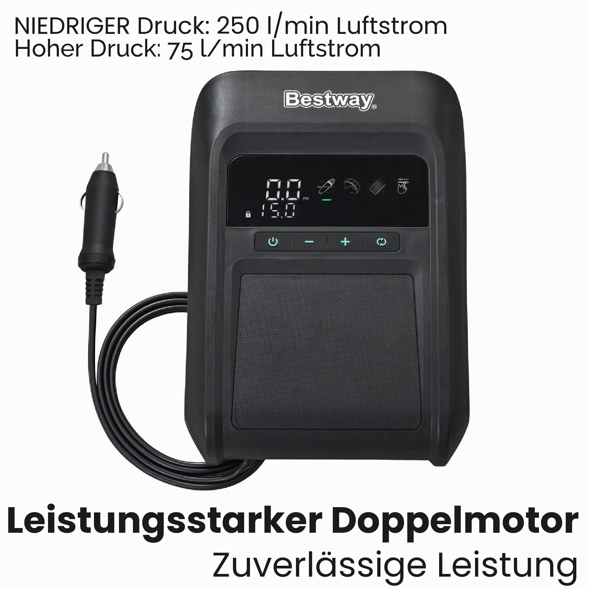 Bestway Powergrip Hochdruck-Elektropumpe 20 PSI – Elektrische 12V SUP Pumpe für Stand Up Paddle Boards, Schlauchboote & Luftmatratzen, Autoanschluss, 250 l/min