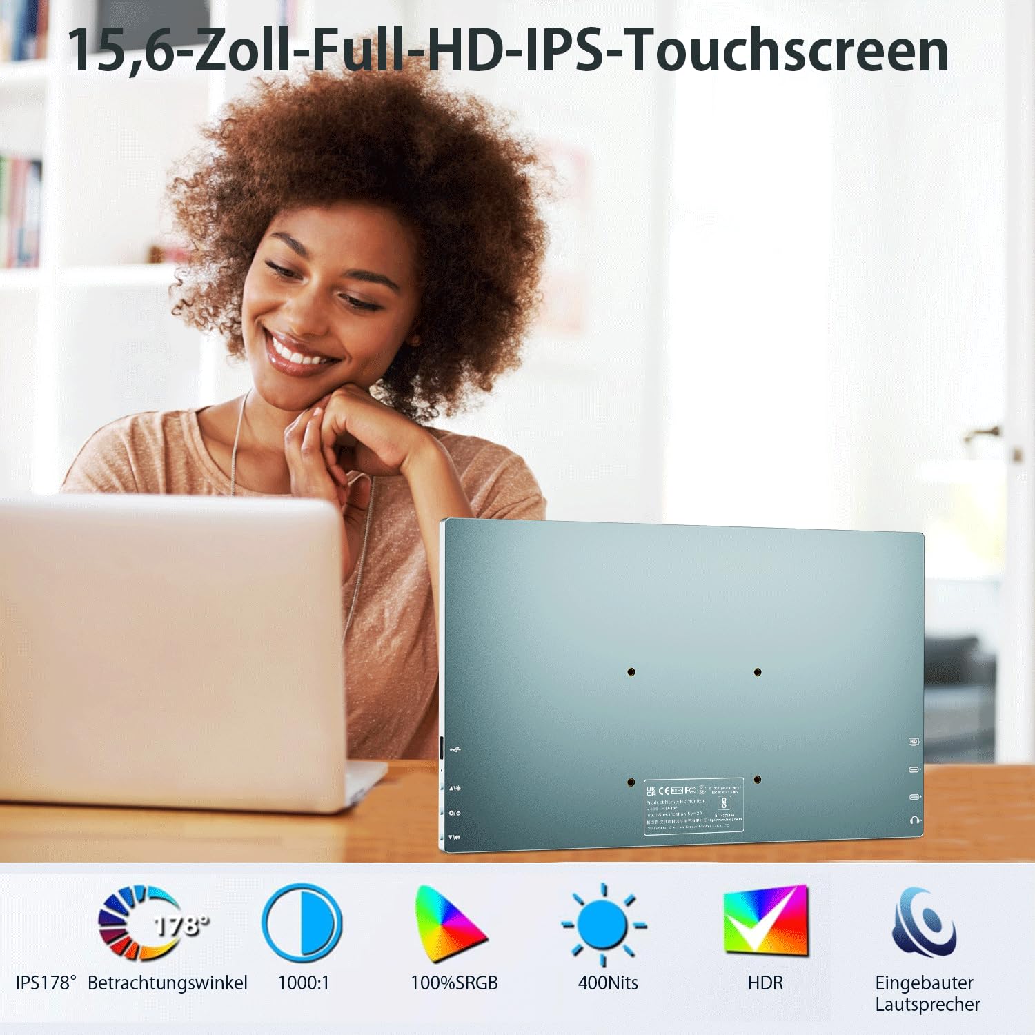 Monitor Portátil Táctil, 15,6'' Pantalla Ordenador con Funda Protectora | 1920x1080 IPS FHD con Altavoz Integrado, 10 Puntos con HDMI y USB-C para PC y Móvil