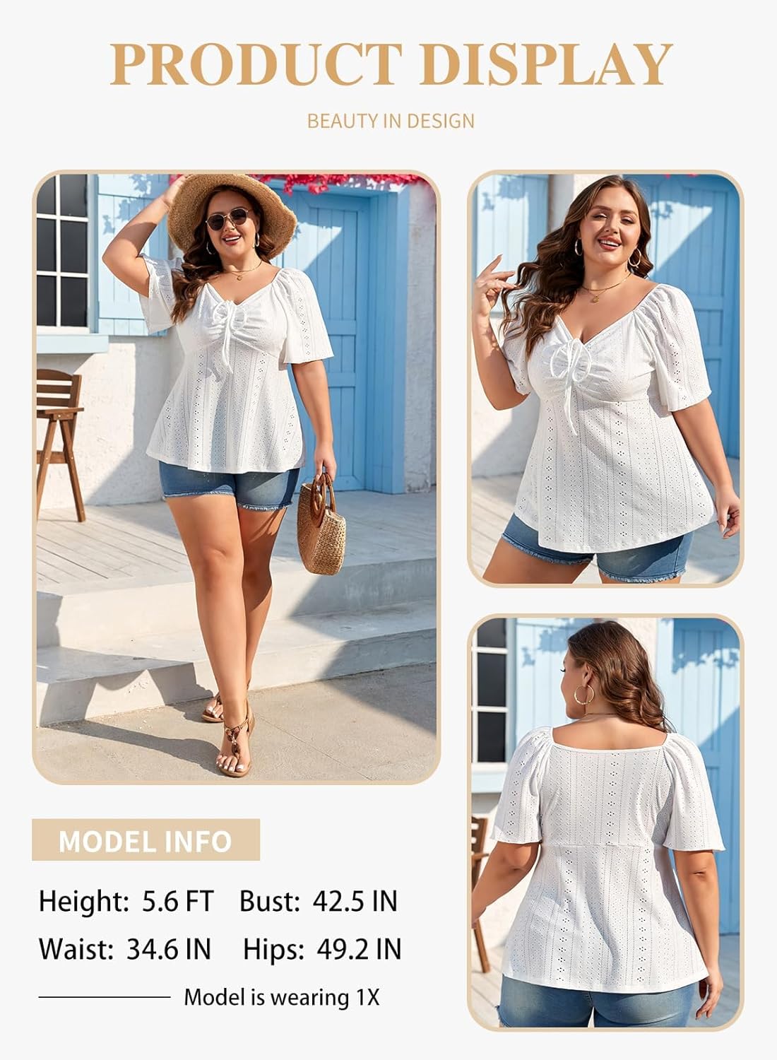 Eytino Womens Plus Size Tops Sweetheart Neck Short Sleeve Eyelet Embroidery Summer Loose Peplum Shirts(1X-5X) - Image 3