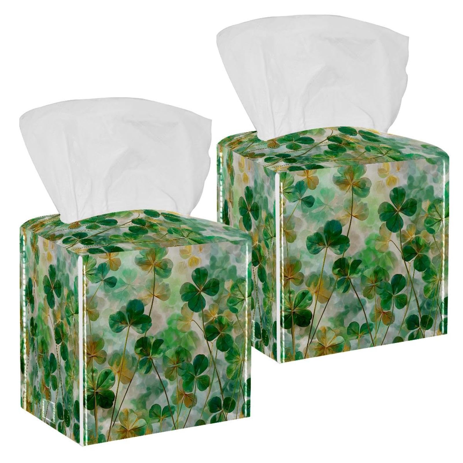 Clover Tissue Box Cover, 2 Pack PU Leather Square Facial Tissue Dispenser Box holder for Home Office Car
