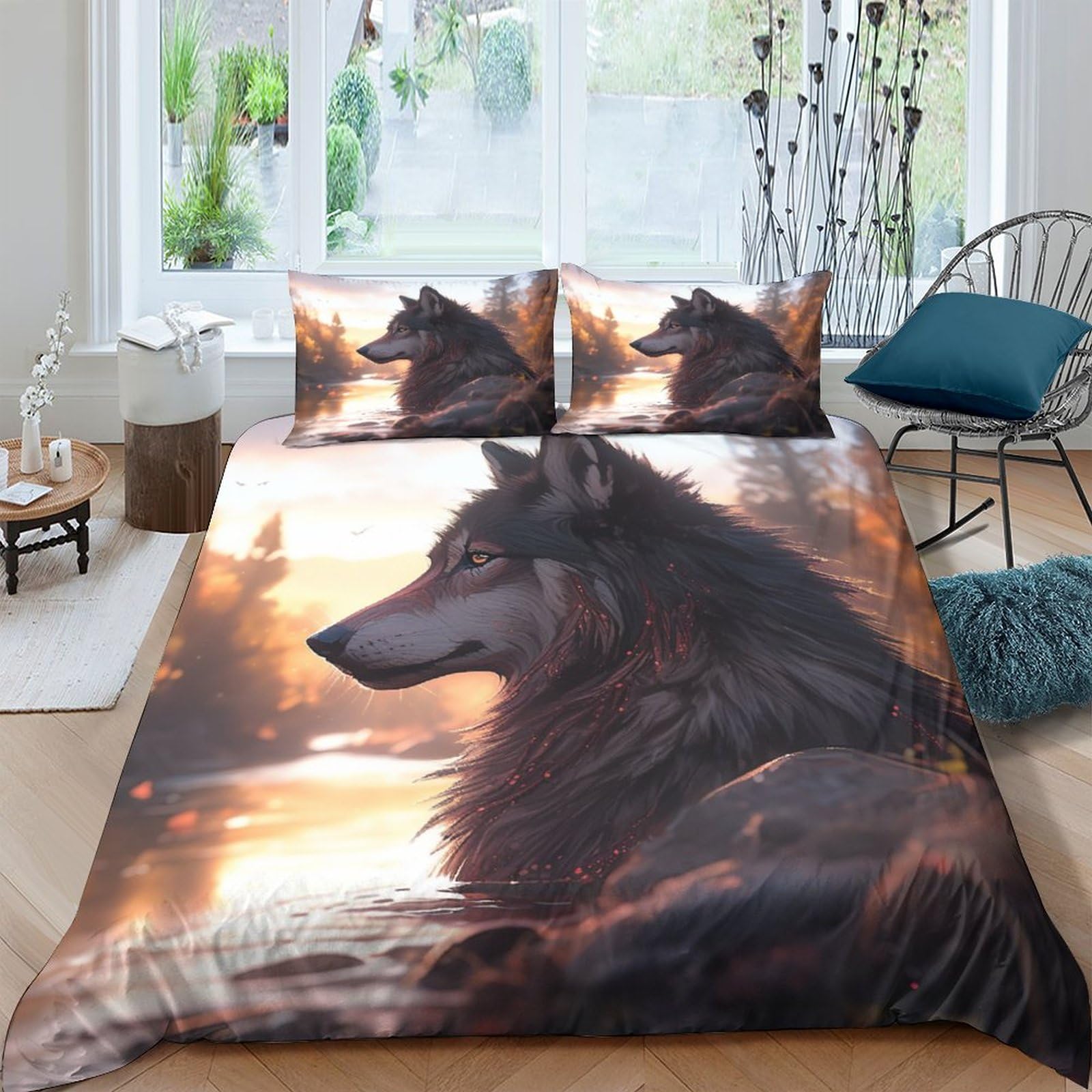Ensemble de literie loup et forêt avec finitions soignées pour chambre élégante
