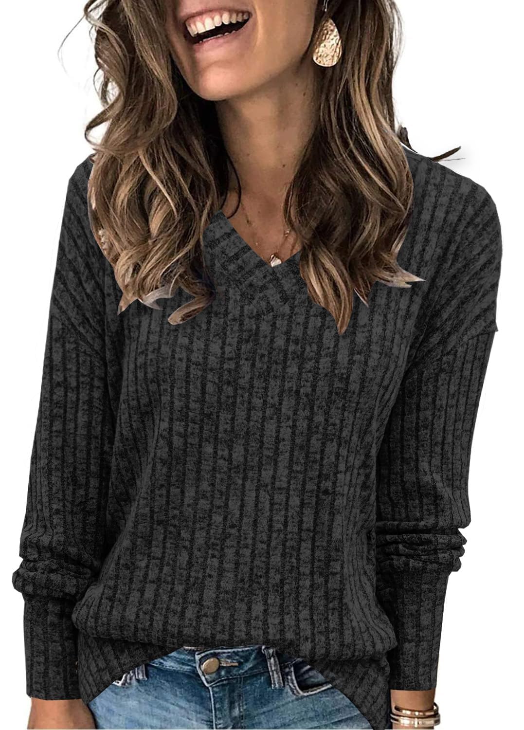 Famulily Pullover für Damen V-Ausschnitt Langarmshirt Leichter Strickpullover Oberteil mit Seitliche Schlitze